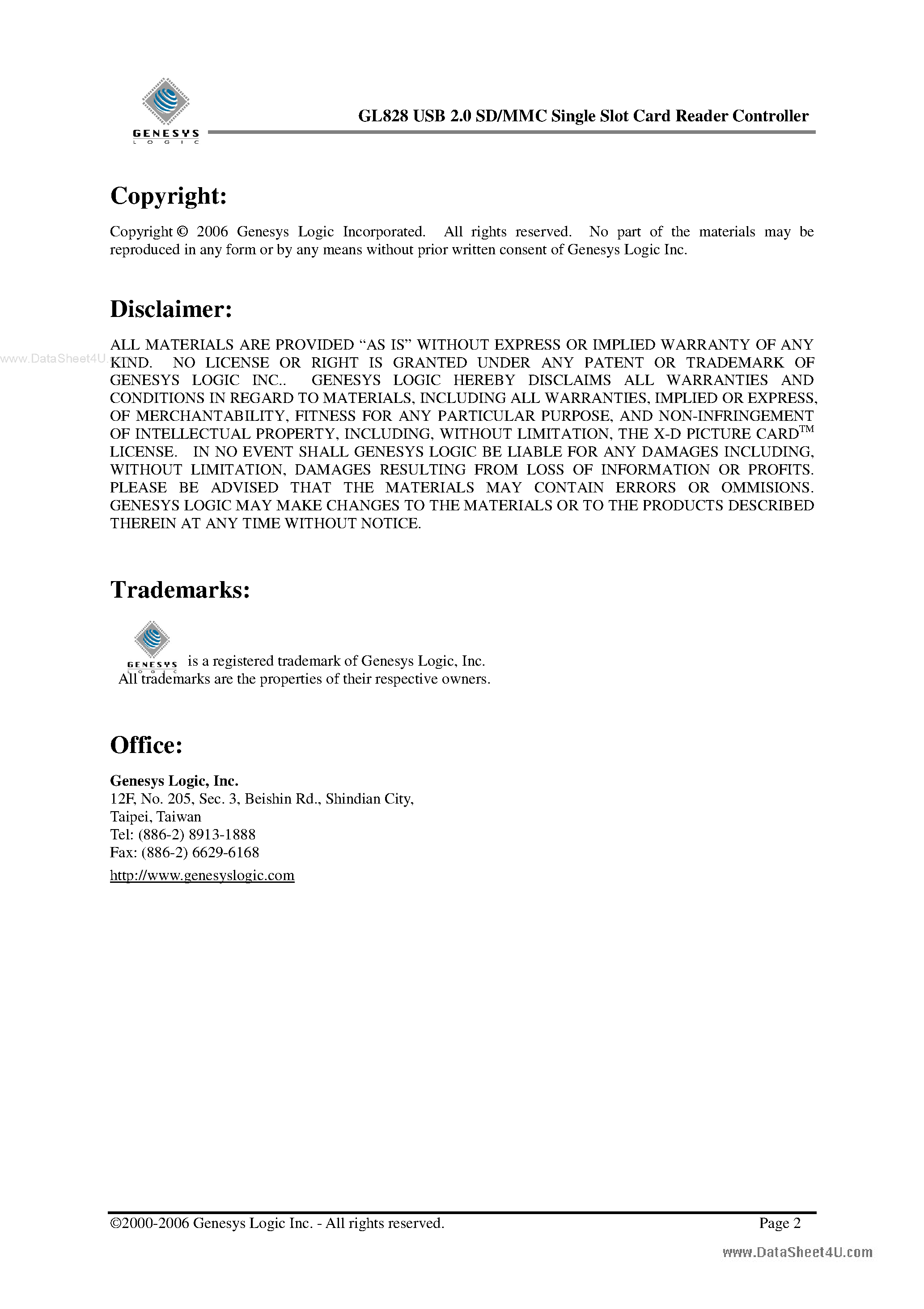 Datasheet GL828 - USB 2.0 SD/MMC Single Slot Card Reader Controller page 2