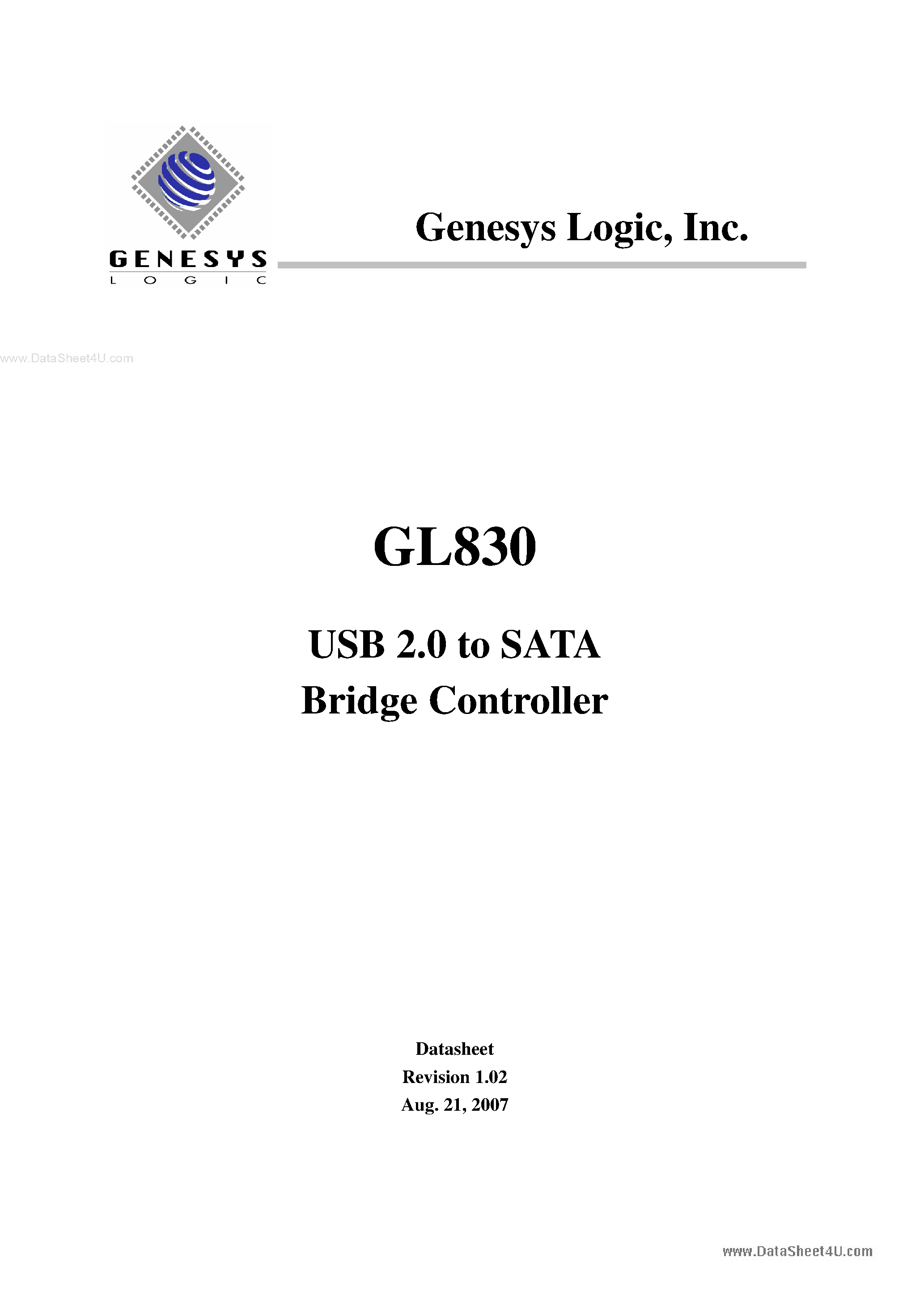 Даташит на микросхему GL830 страница 1 Даташит GL830 - USB 2.0 to SATA Bridge Controller страница 1
