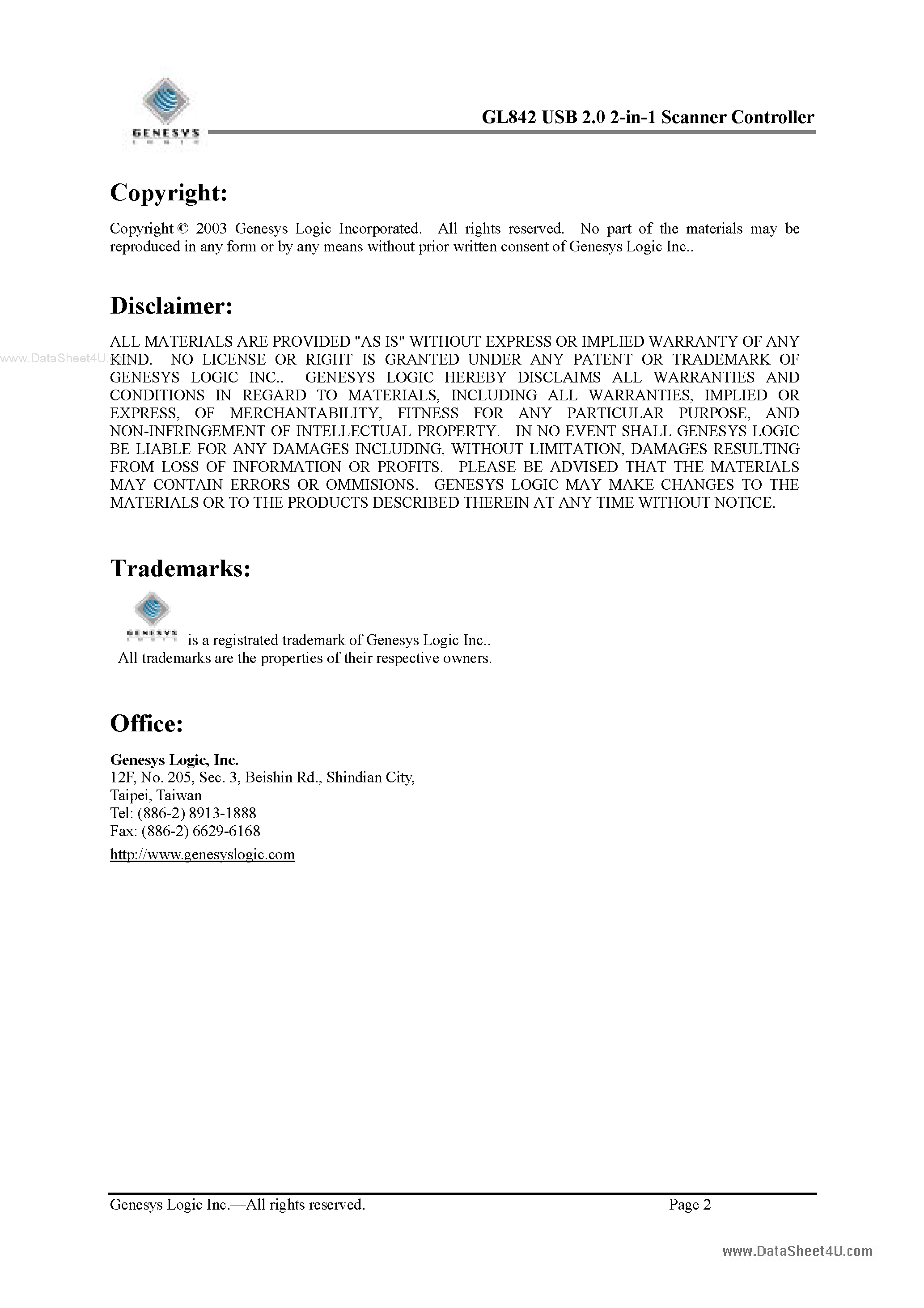 Datasheet GL842 - USB 2.0 2-in-1 Scanner Controller page 2