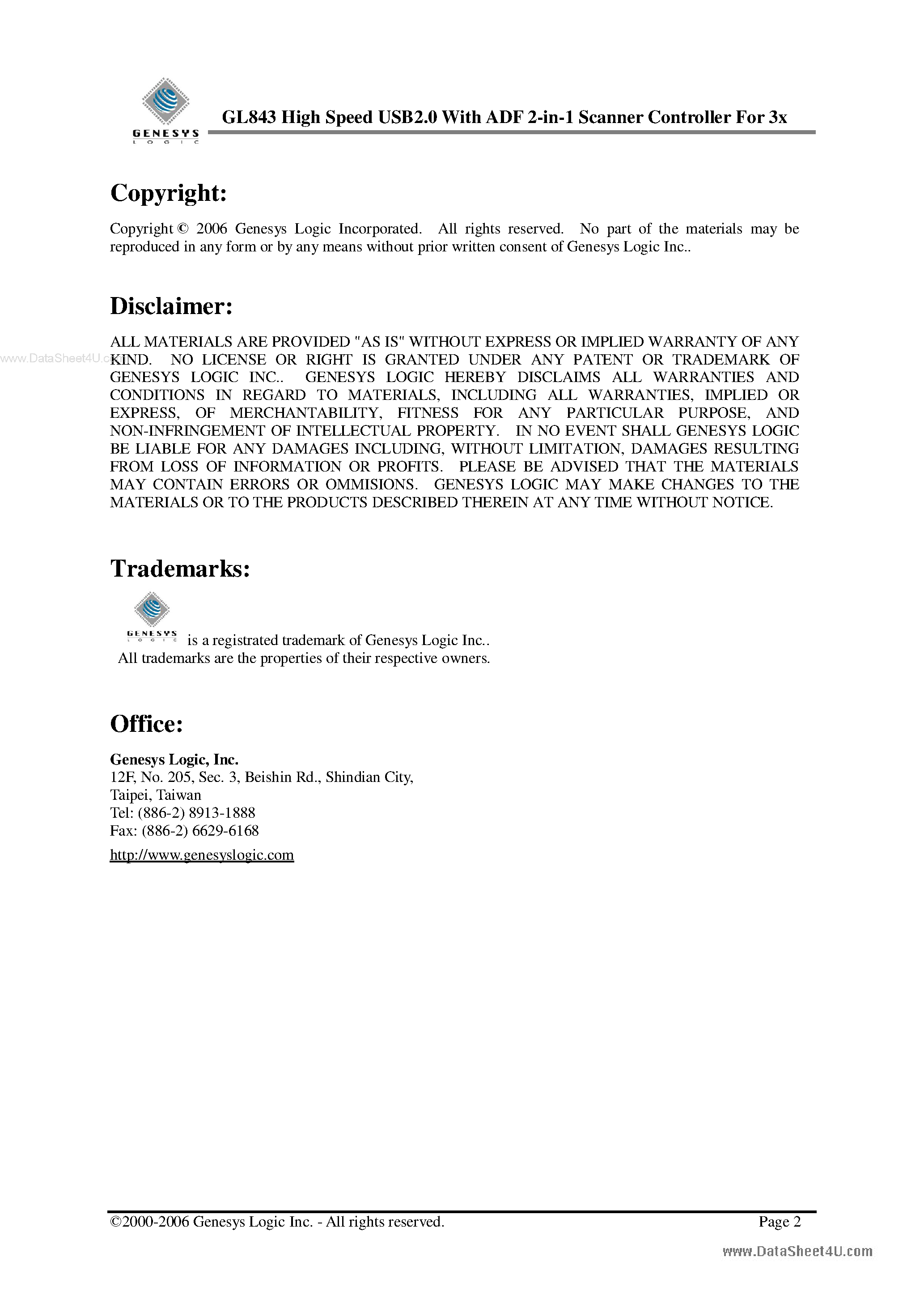 Datasheet GL843 page 2 Datasheet GL843 - High Speed USB 2.0 page 2
