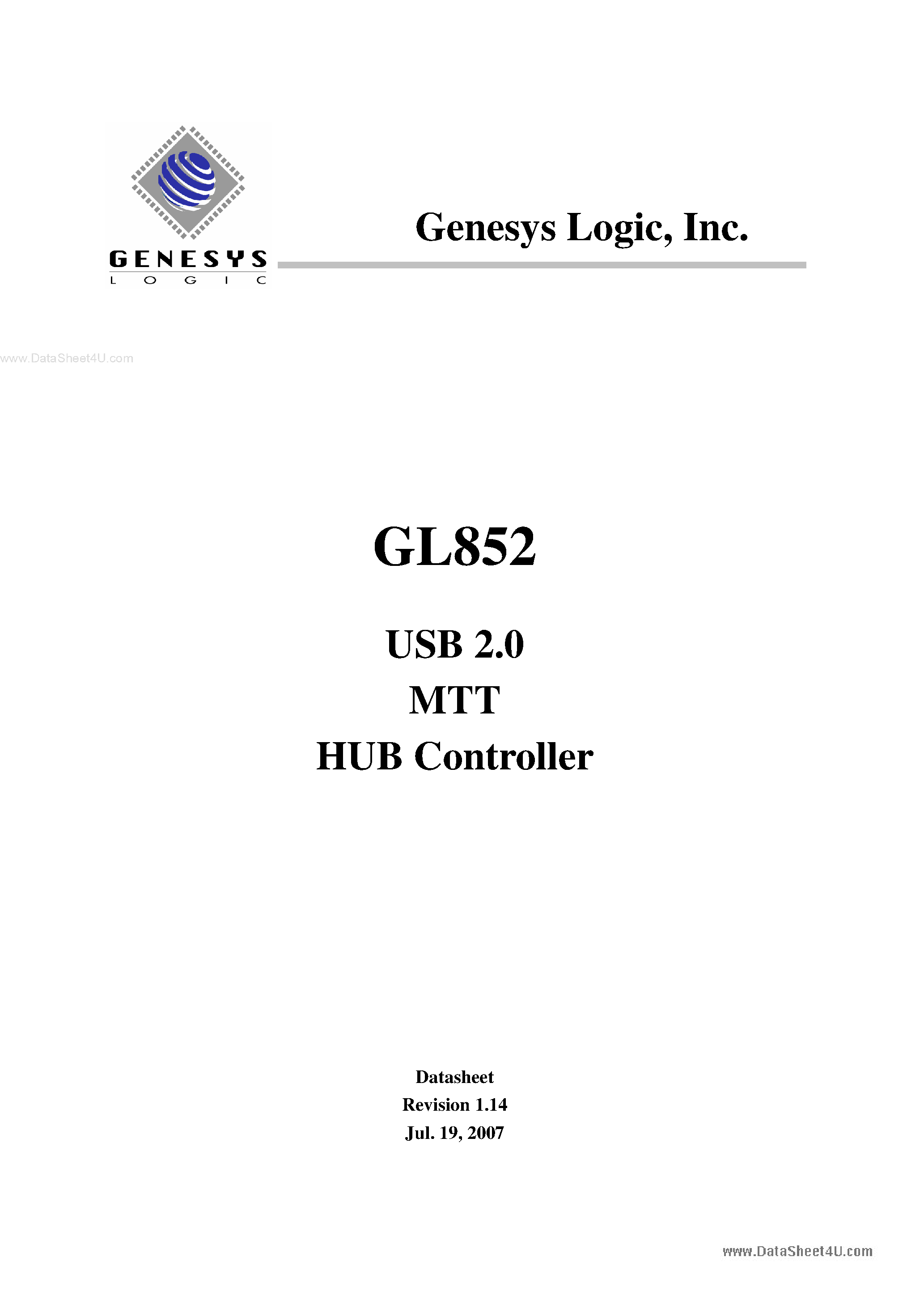 Datasheet GL852 page 1 Datasheet GL852 - USB 2.0 MTT HUB Controller page 1