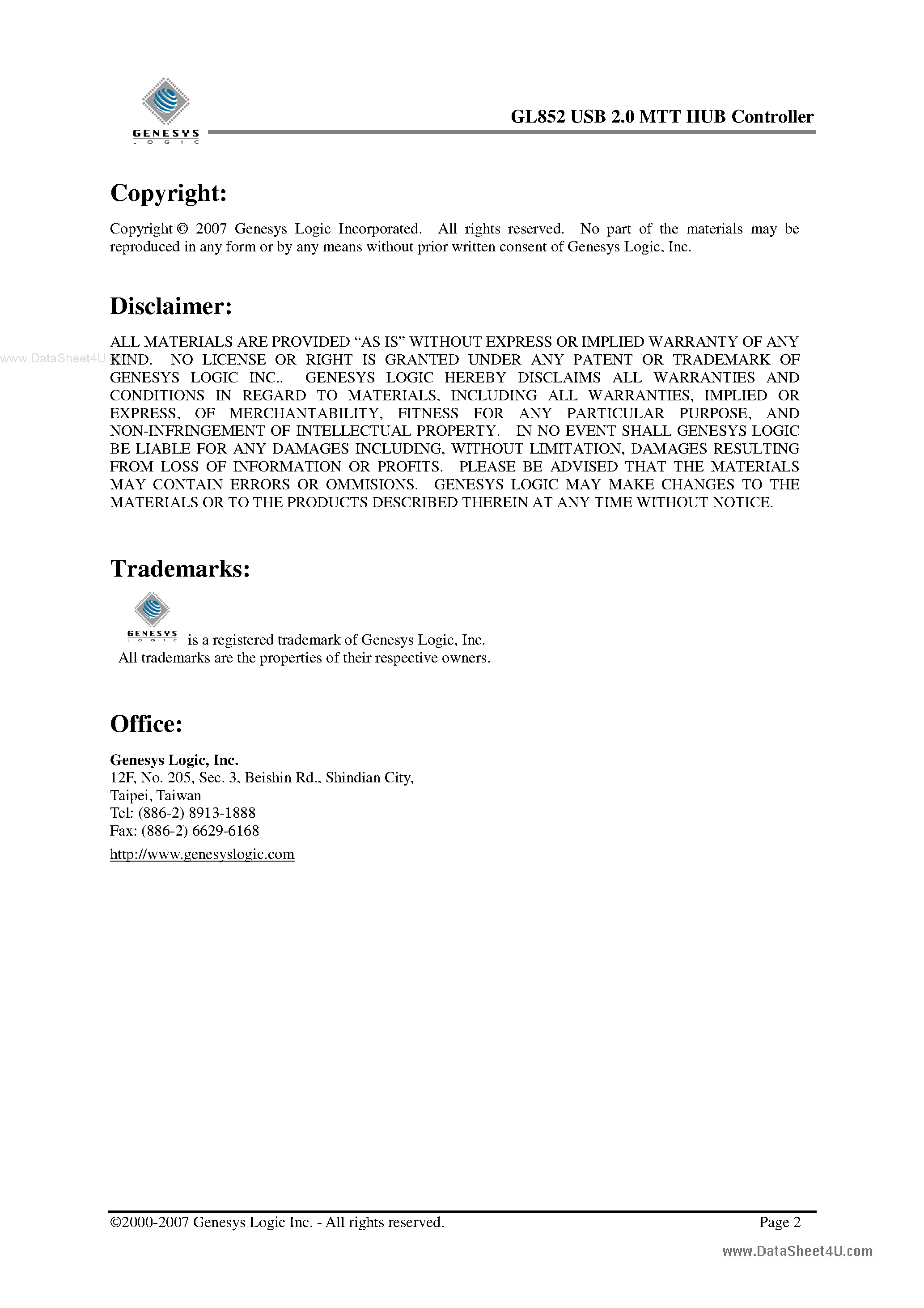 Datasheet GL852 page 2 Datasheet GL852 - USB 2.0 MTT HUB Controller page 2