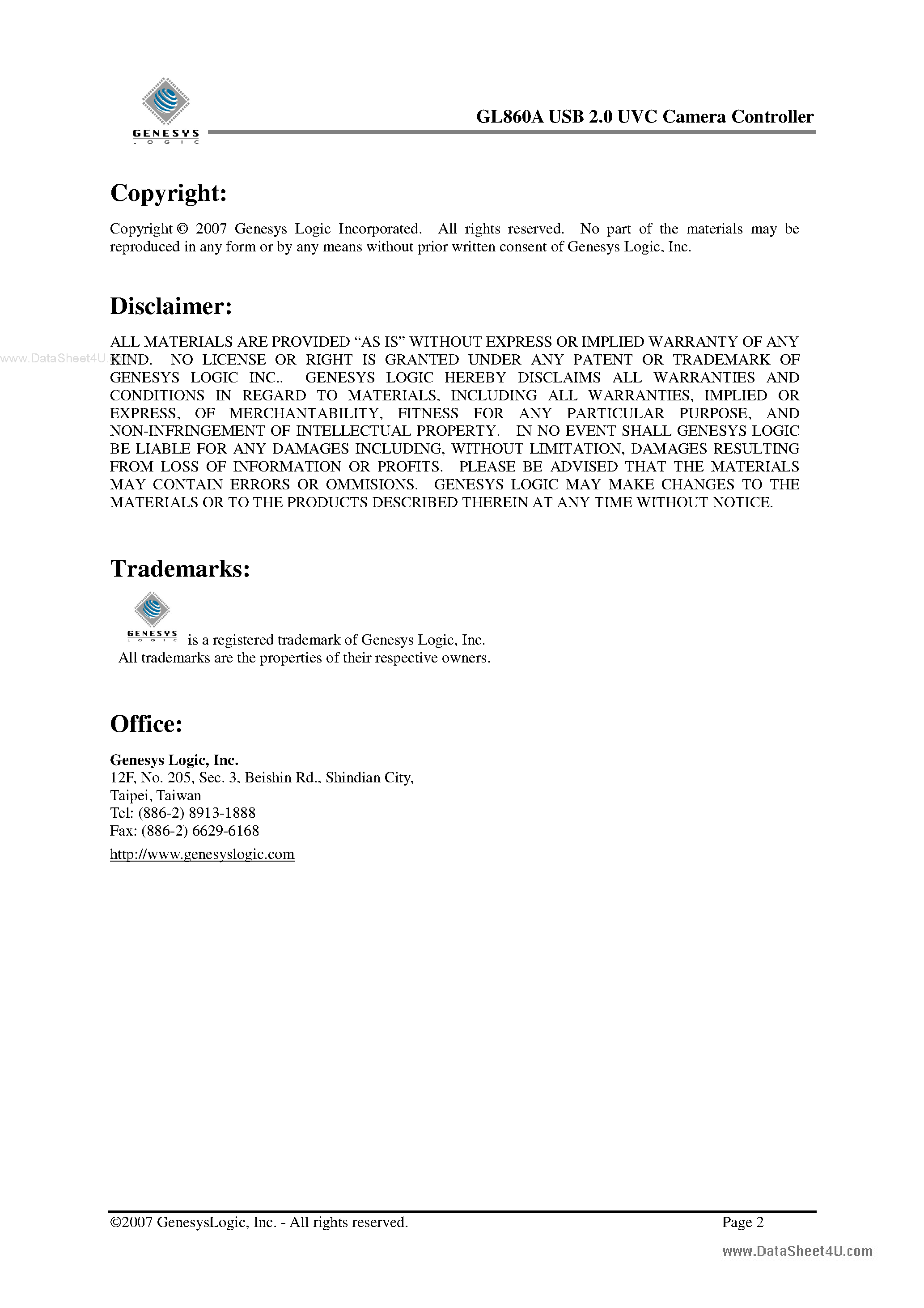 Datasheet GL860A page 2 Datasheet GL860A - USB 2.0 UVC Camera Controller page 2