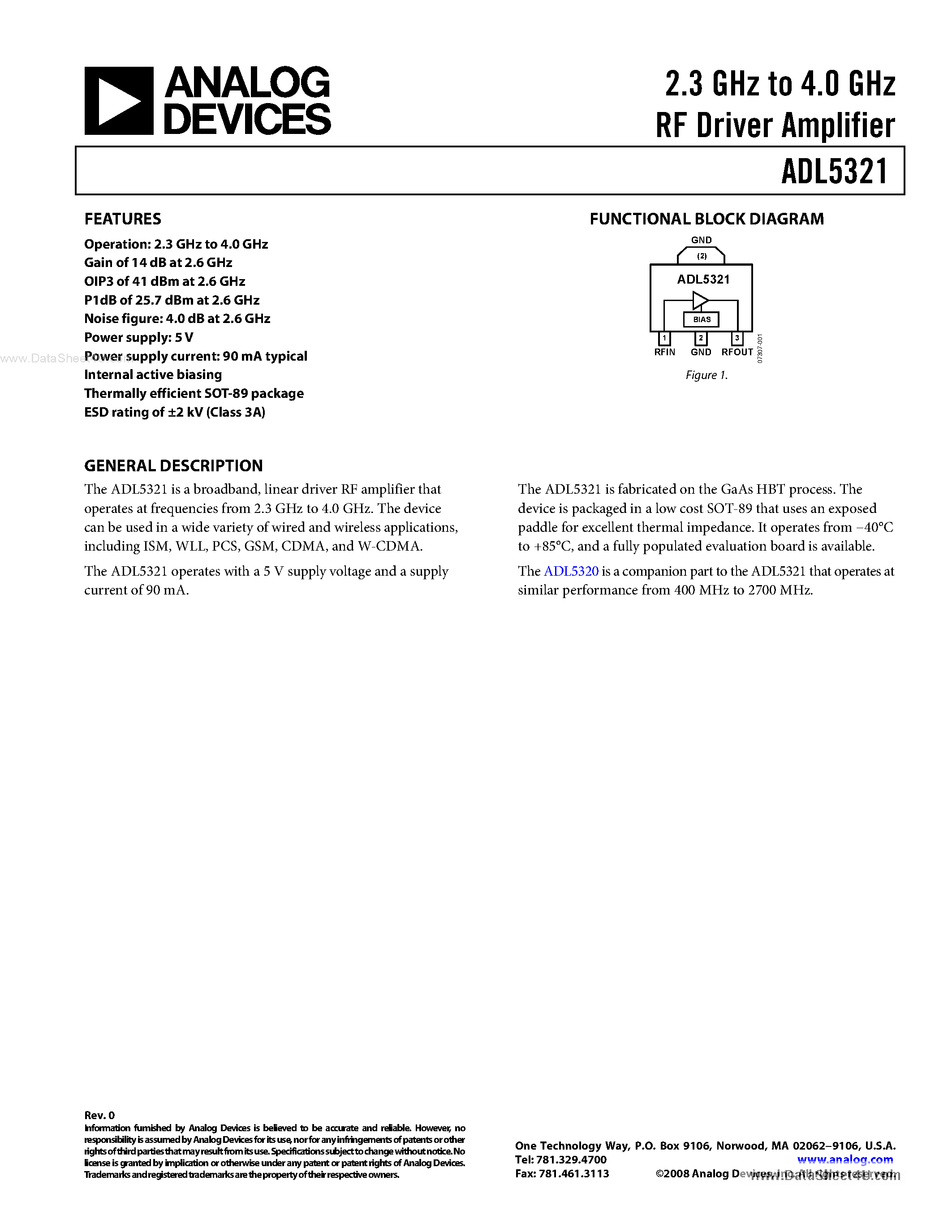 Datasheet ADL5321 - 2.3 GHz to 4.0 GHz RF Driver Amplifier page 1