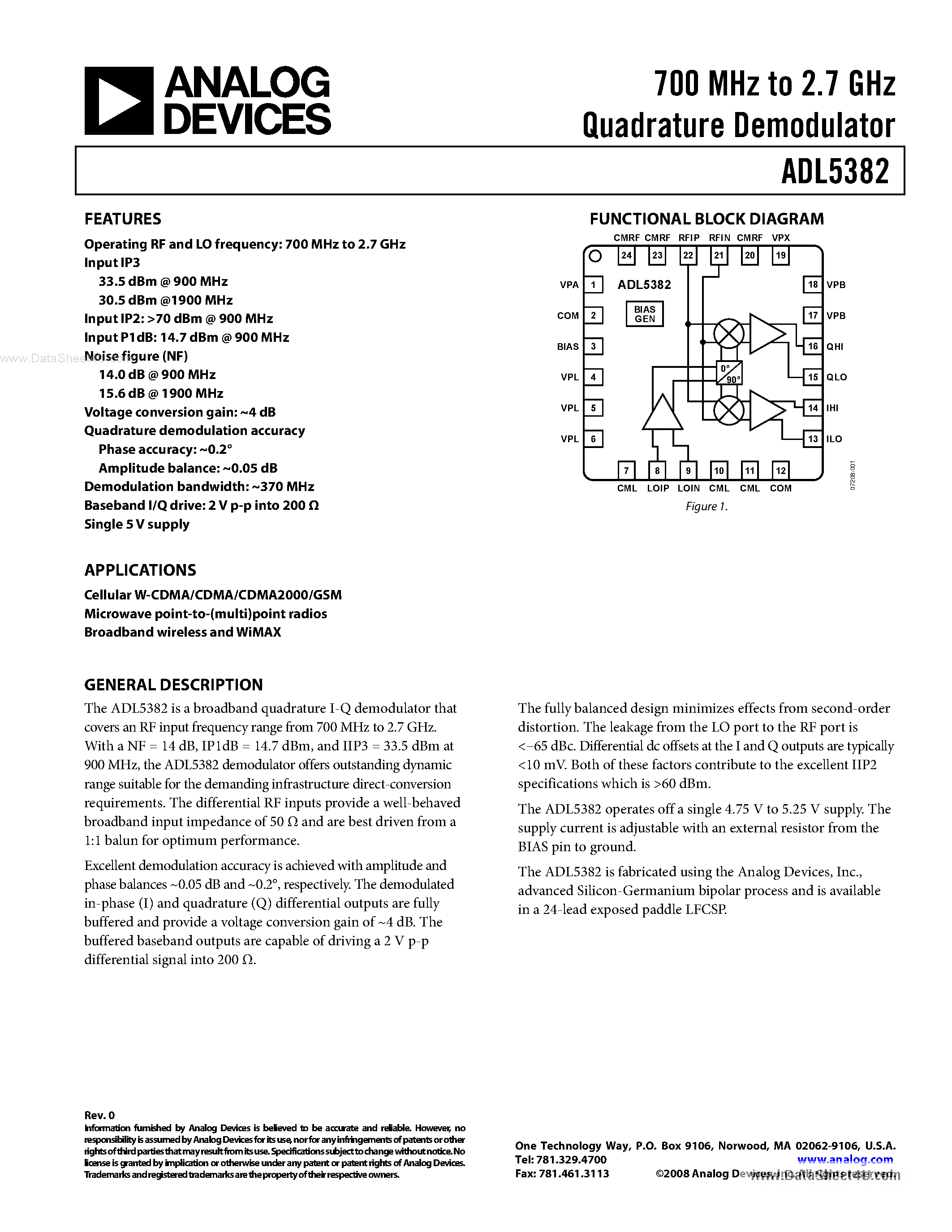 Datasheet ADL5382 page 1 Datasheet ADL5382 - 700 MHz to 2.7 GHz Quadrature Demodulator page 1