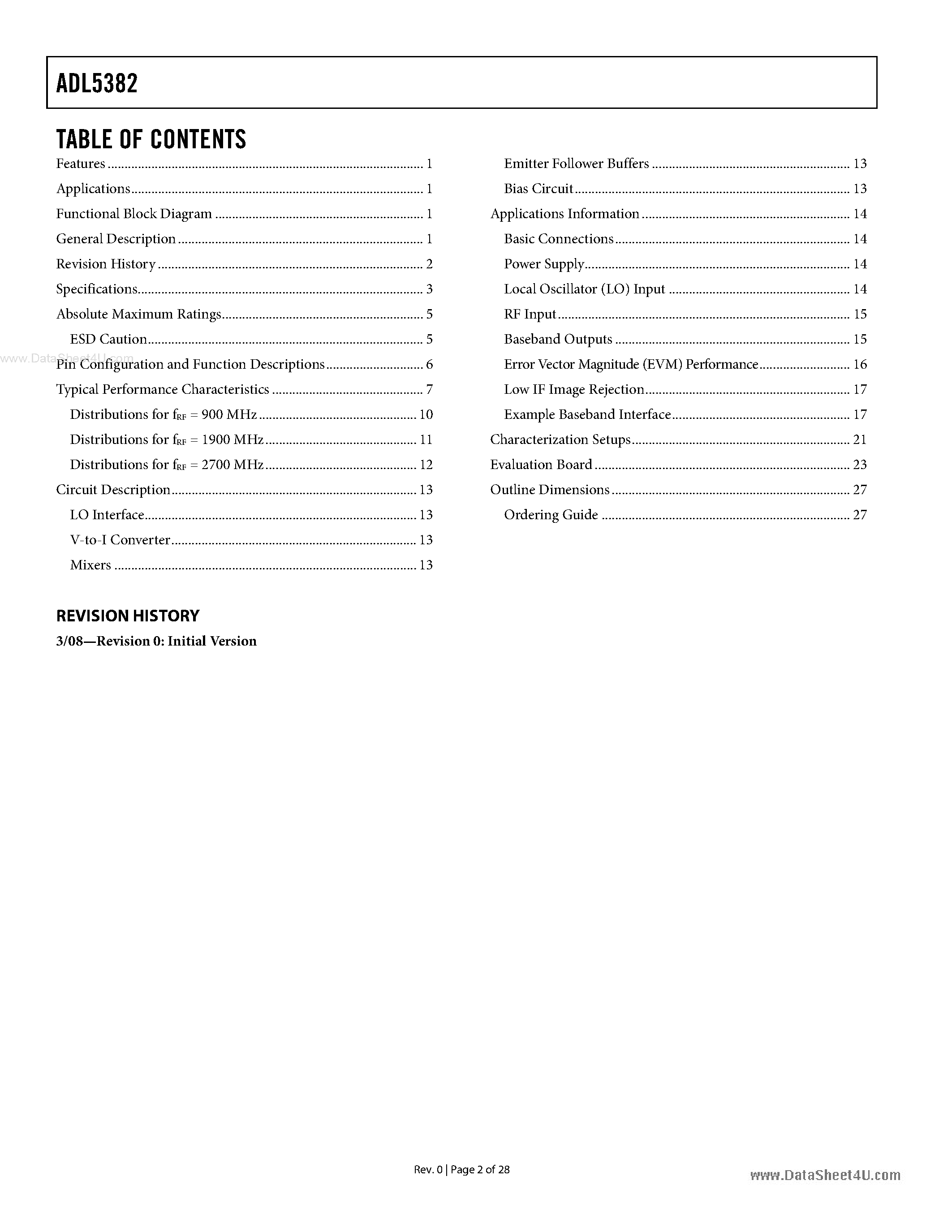 Datasheet ADL5382 page 2 Datasheet ADL5382 - 700 MHz to 2.7 GHz Quadrature Demodulator page 2