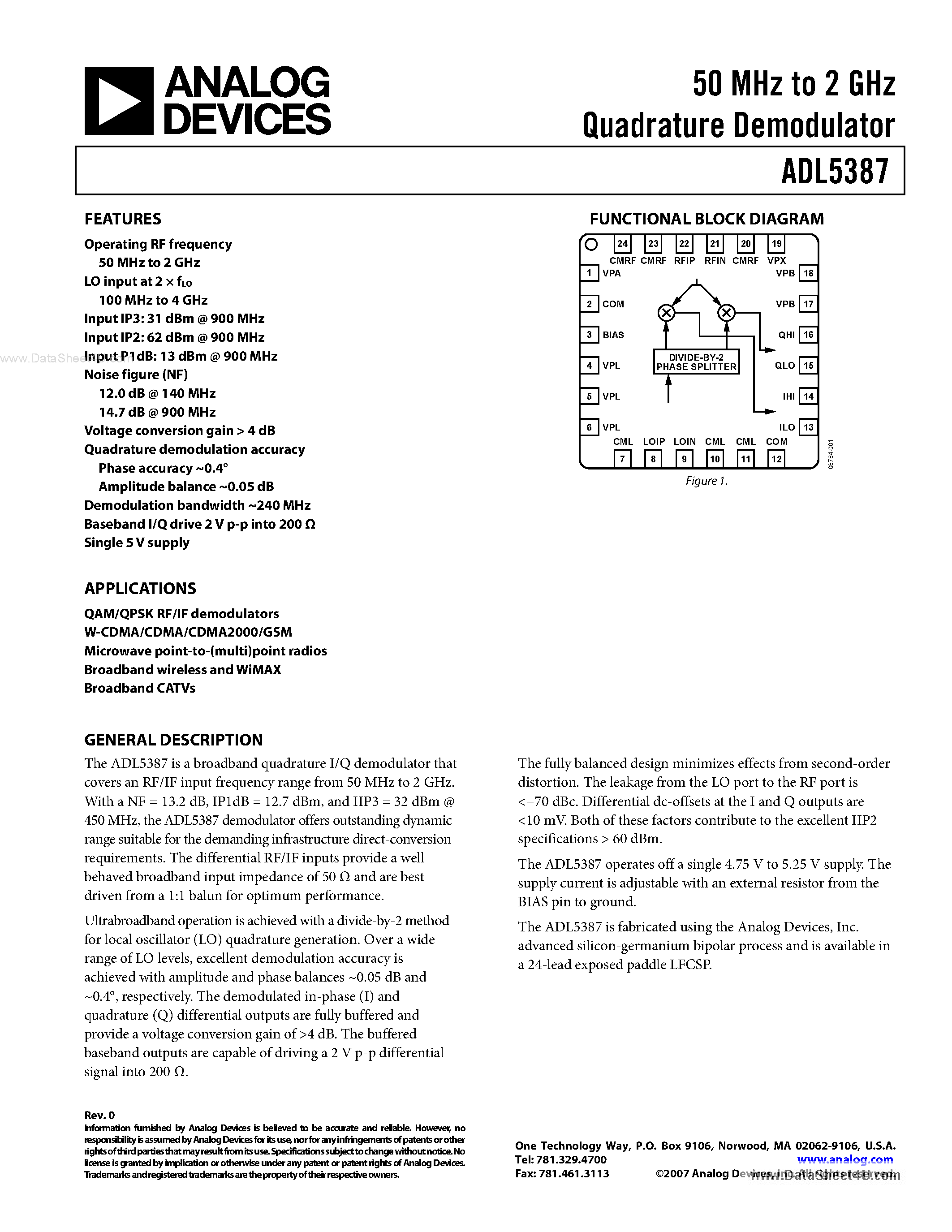 Datasheet ADL5387 - 400 MHz to 6 GHz Broadband Quadrature Modulator page 1