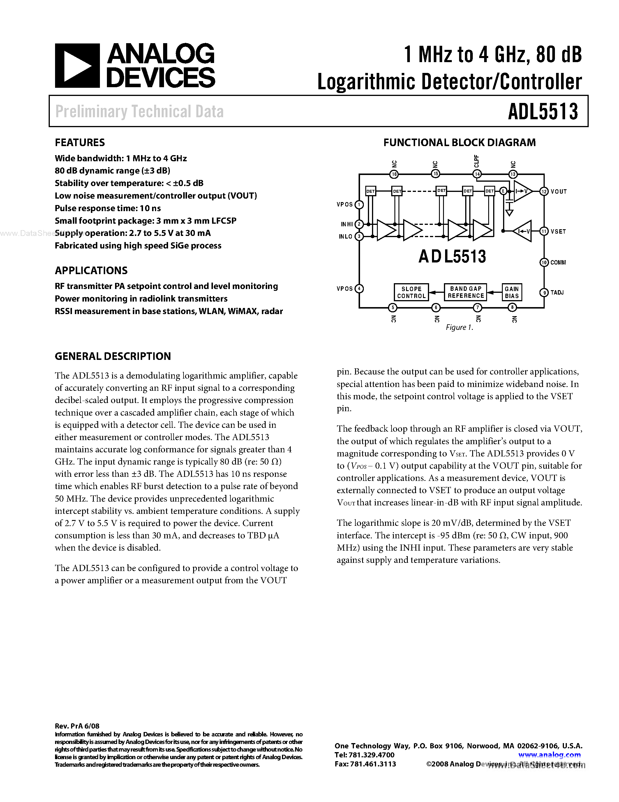 Datasheet ADL5513 - 1 MHz to 4 GHz 80 dB Logarithmic Detector/Controller page 1