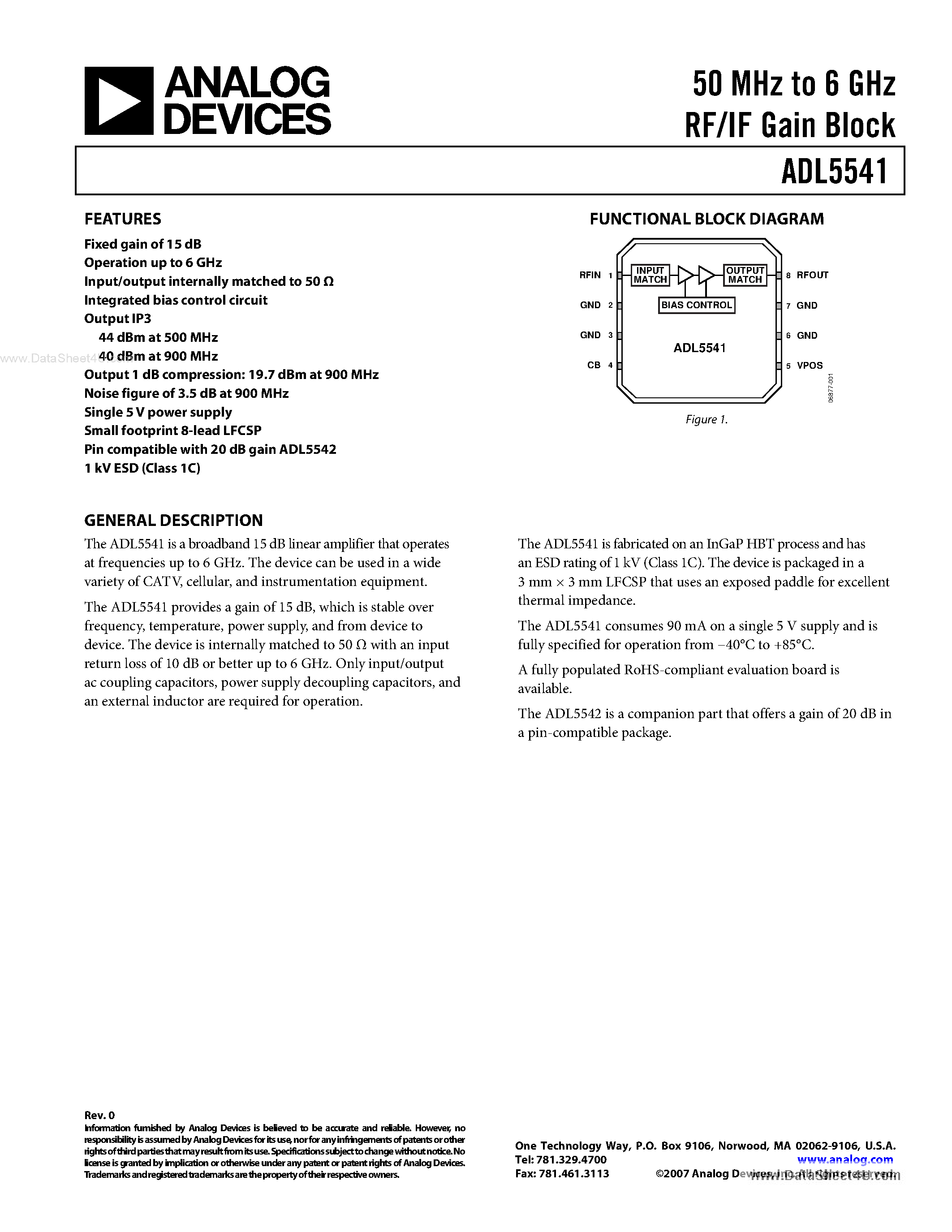Datasheet ADL5541 - 50 MHz to 6 GHz RF/IF Gain Block page 1