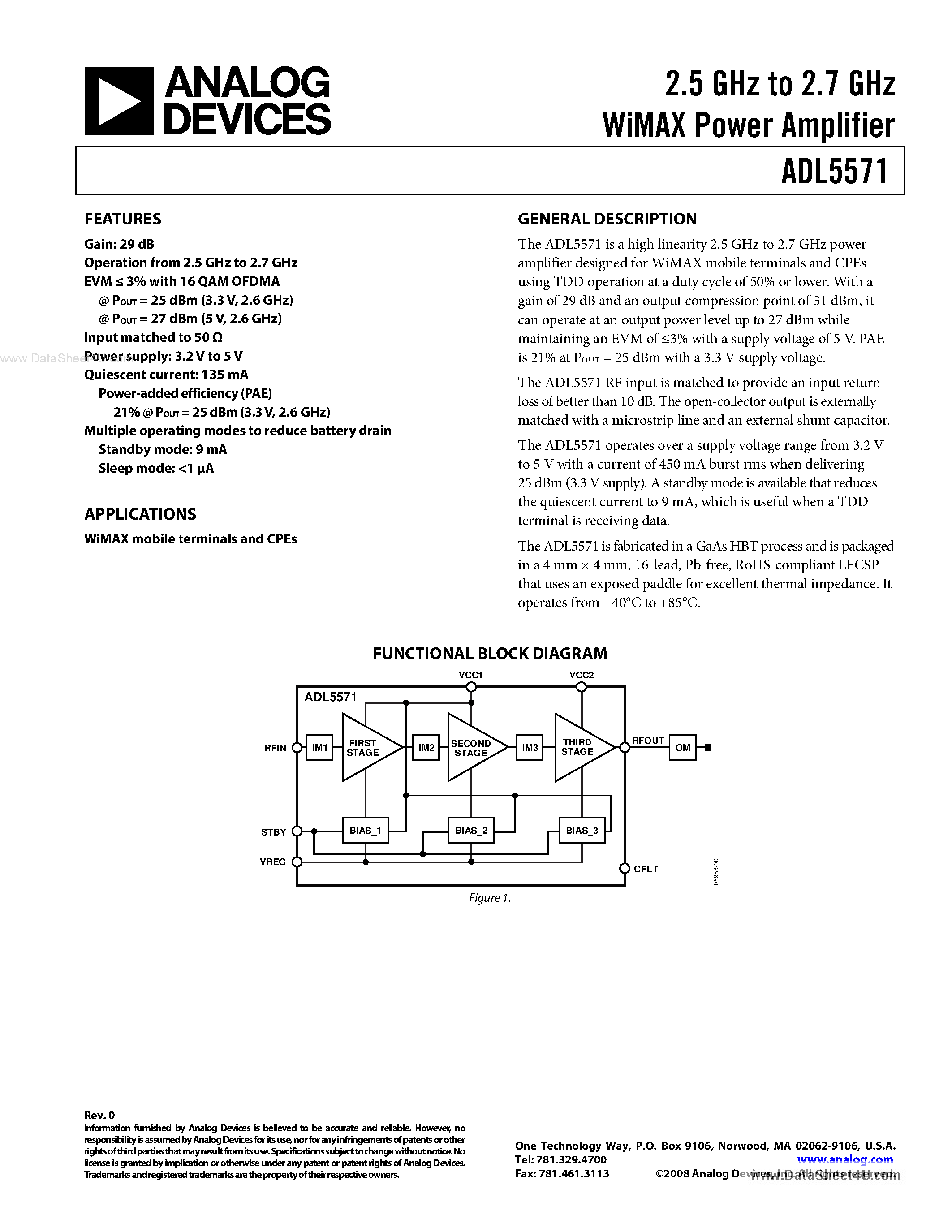 Datasheet ADL5571 - 2.5 GHz to 2.7 GHz WiMAX Power Amplifier page 1