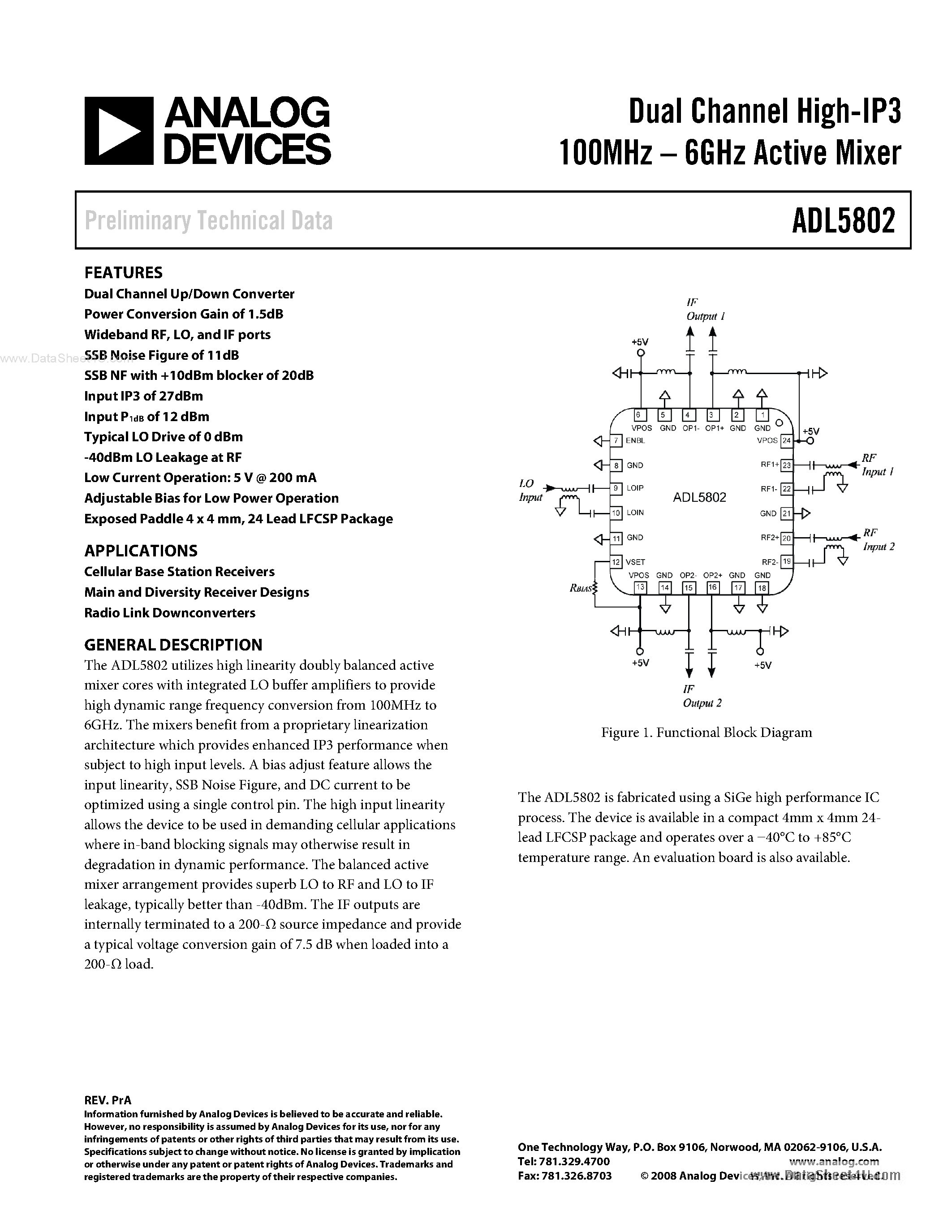 Даташит ADL5802 - Dual Channel High-IP3 100MHz-6GHz Active Mixer страница 1
