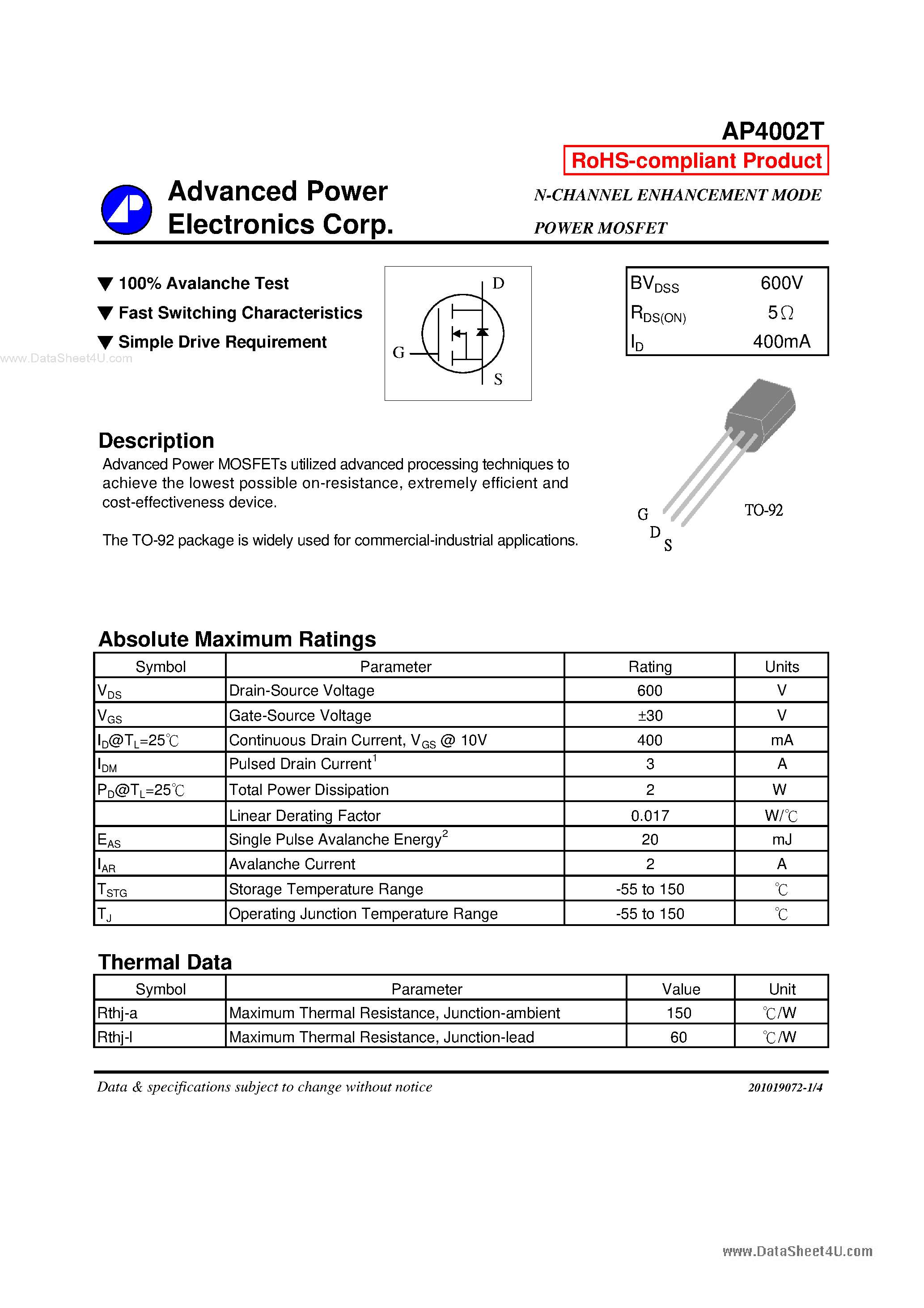 Datasheet AP4002T - N-CHANNEL ENHANCEMENT MODE POWER MOSFET page 1