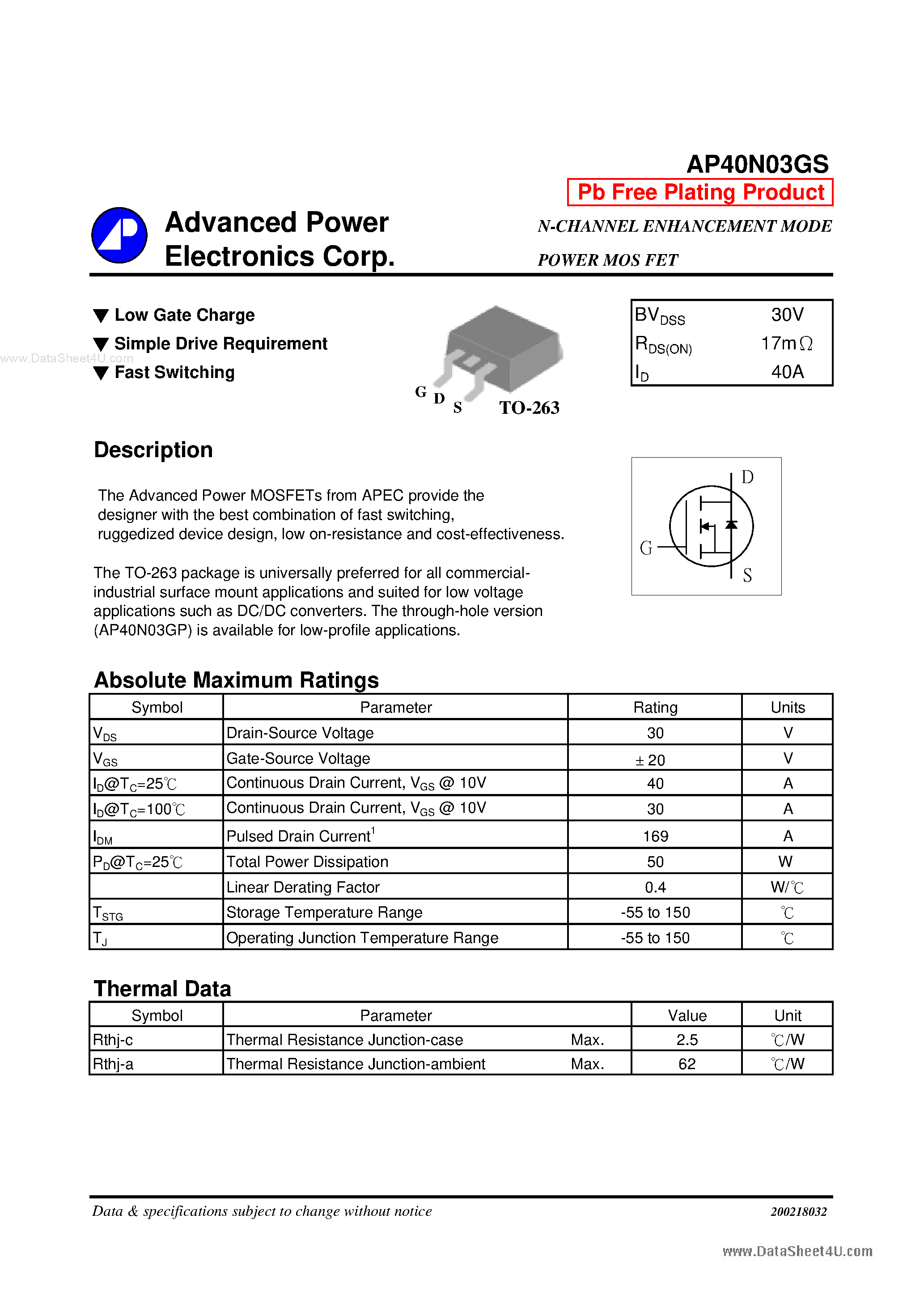 Datasheet AP40N03GS - N-CHANNEL ENHANCEMENT MODE POWER MOSFET page 1