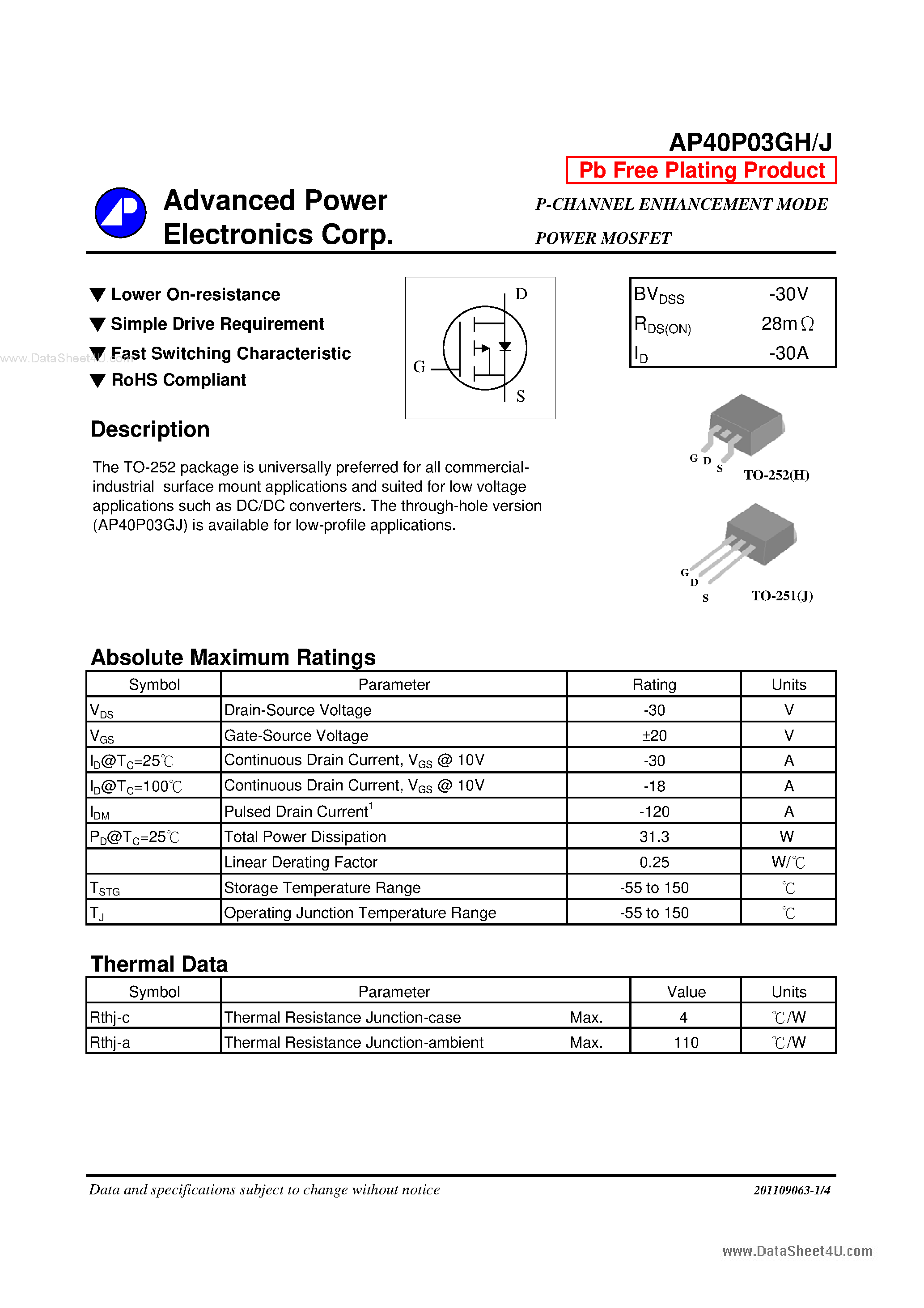 Даташит AP40P03GH - P-CHANNEL ENHANCEMENT MODE POWER MOSFET страница 1
