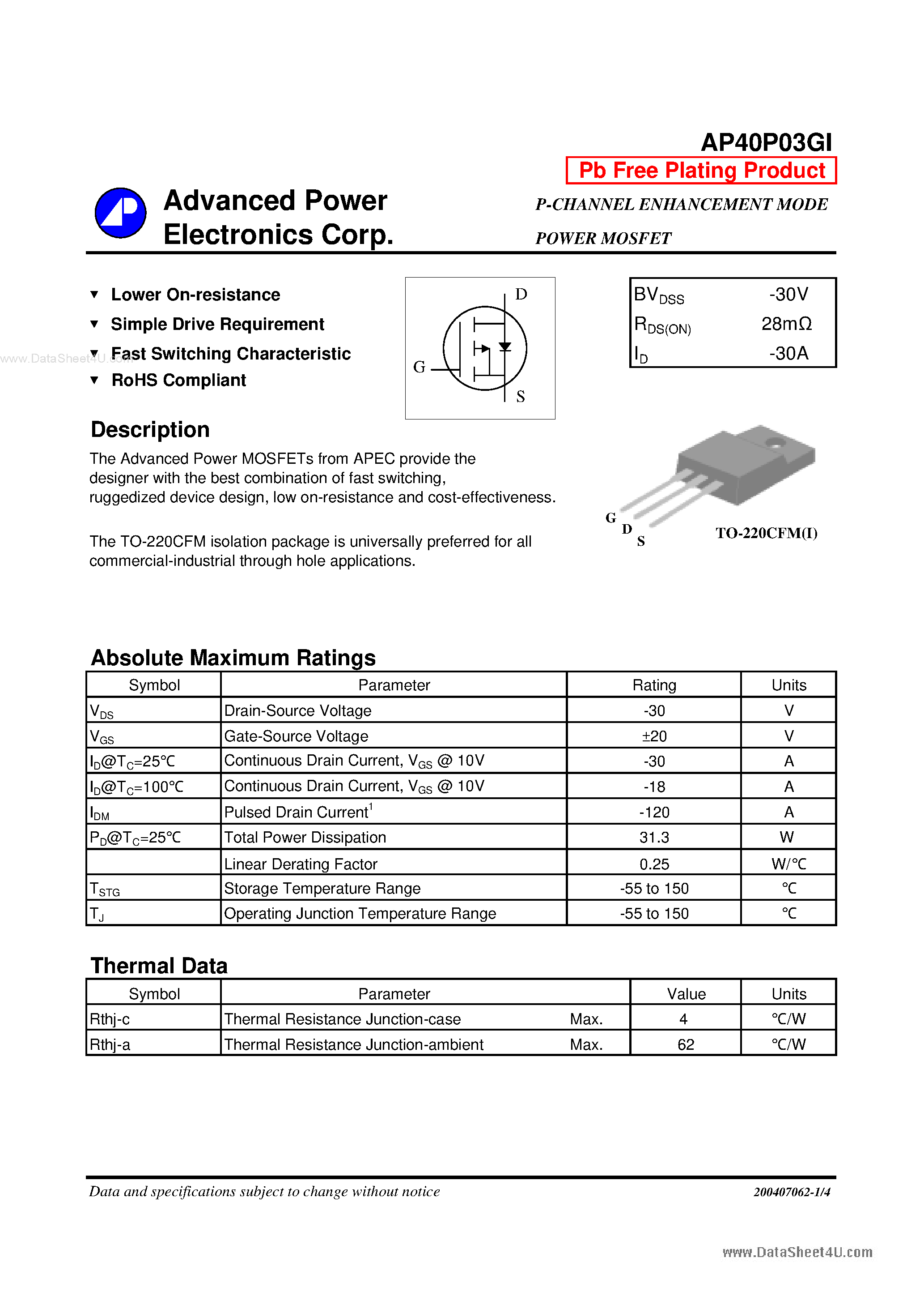 Datasheet AP40P03GI page 1 Datasheet AP40P03GI - P-CHANNEL ENHANCEMENT MODE POWER MOSFET page 1