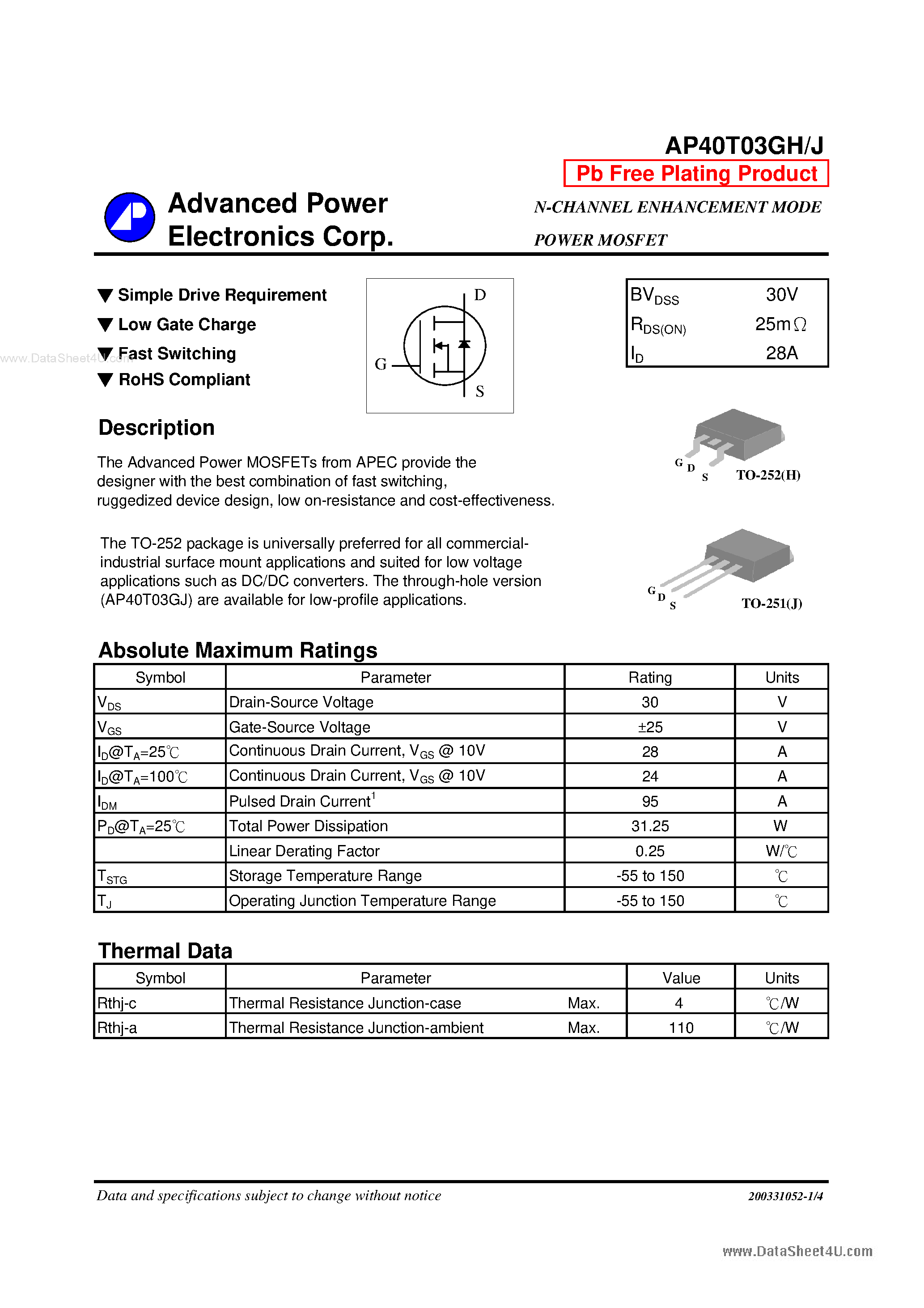 Datasheet AP40T03GH - N-CHANNEL ENHANCEMENT MODE POWER MOSFET page 1