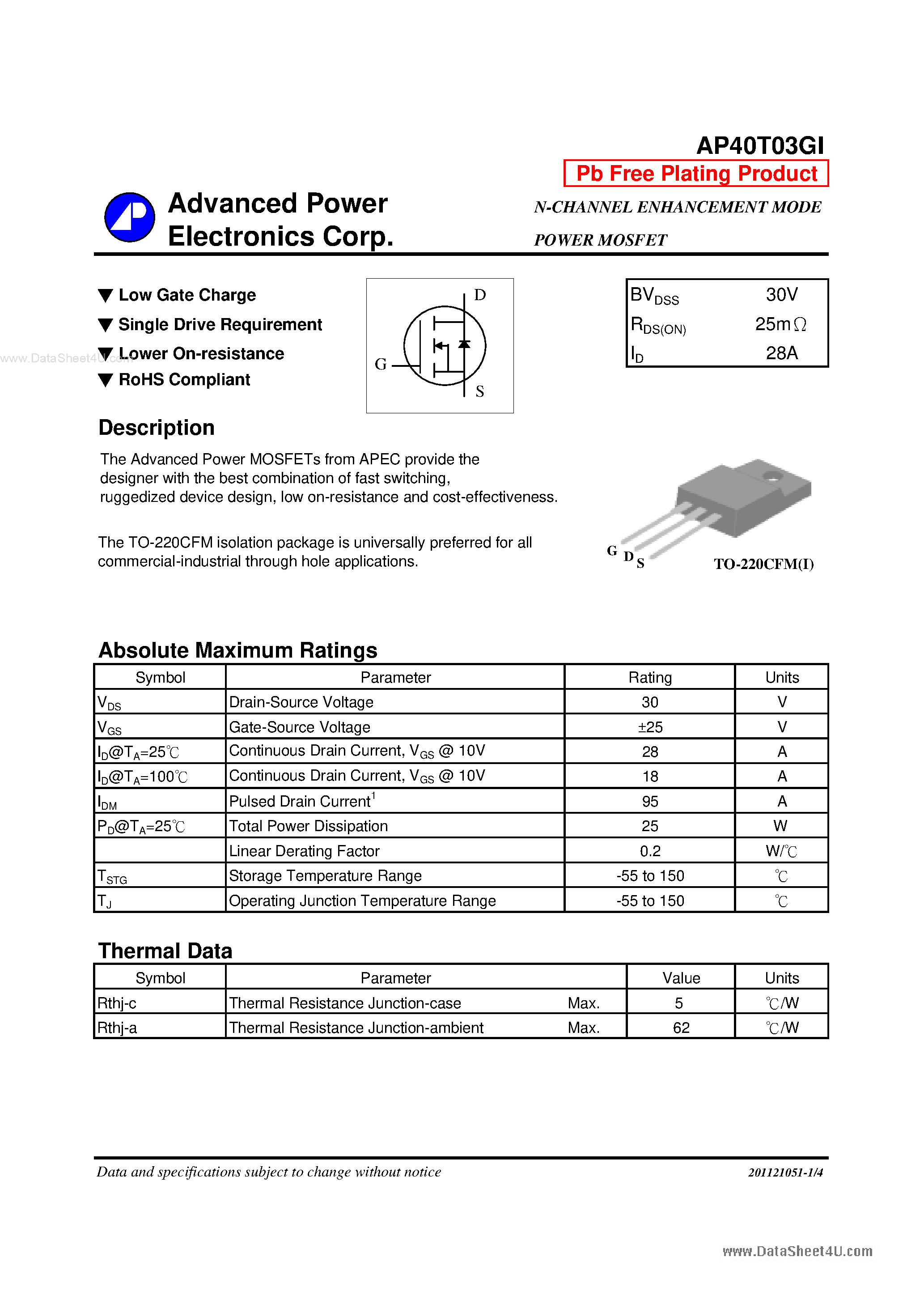 Datasheet AP40T03GI - N-CHANNEL ENHANCEMENT MODE POWER MOSFET page 1
