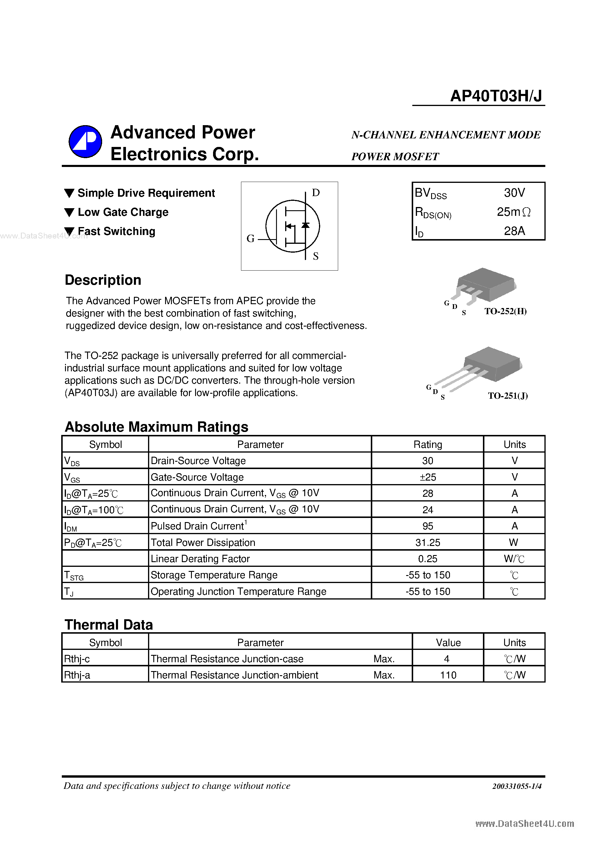 Даташит на микросхему AP40T03H страница 1 Даташит AP40T03H - N-CHANNEL ENHANCEMENT MODE POWER MOSFET страница 1