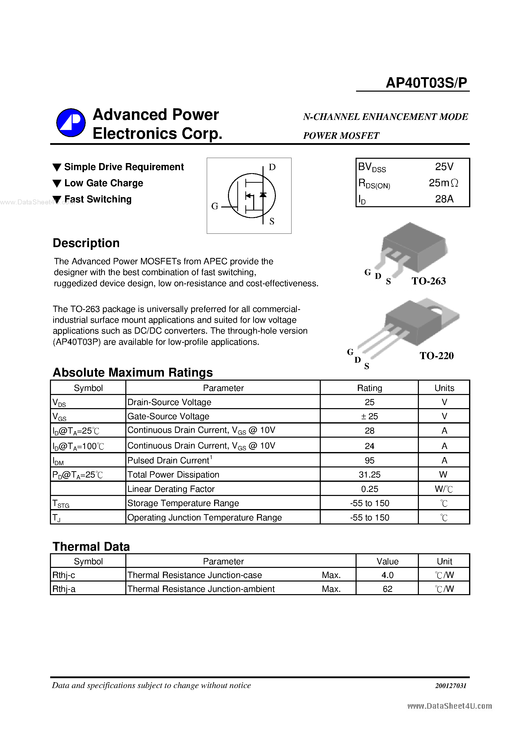 Datasheet AP40T03P - N-CHANNEL ENHANCEMENT MODE POWER MOSFET page 1