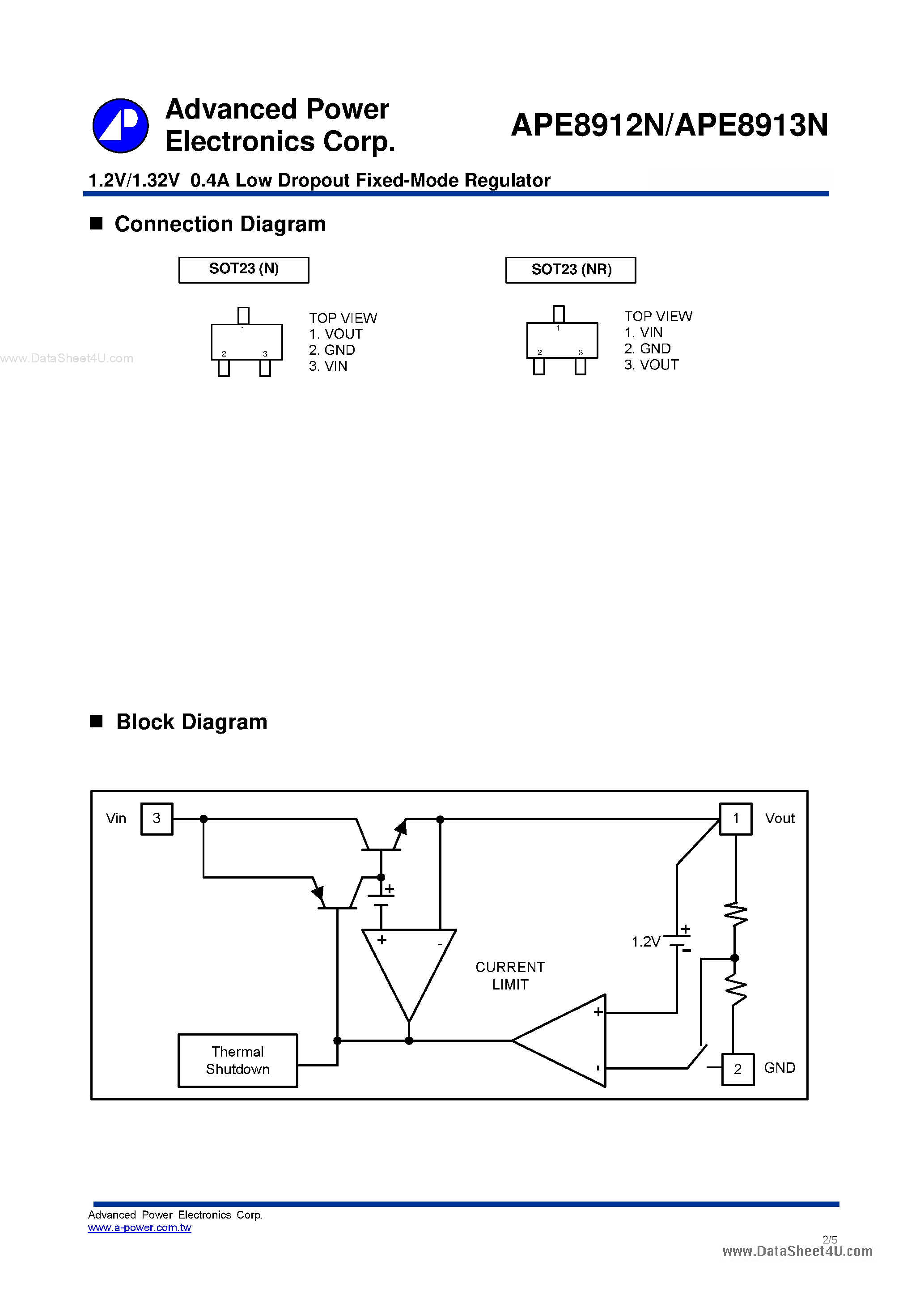 Datasheet APE8912N page 2 Datasheet APE8912N - (APE8912N / APE8913N) 1.2V/1.32V 0.4A Low Dropout Fixed-Mode Regulator page 2