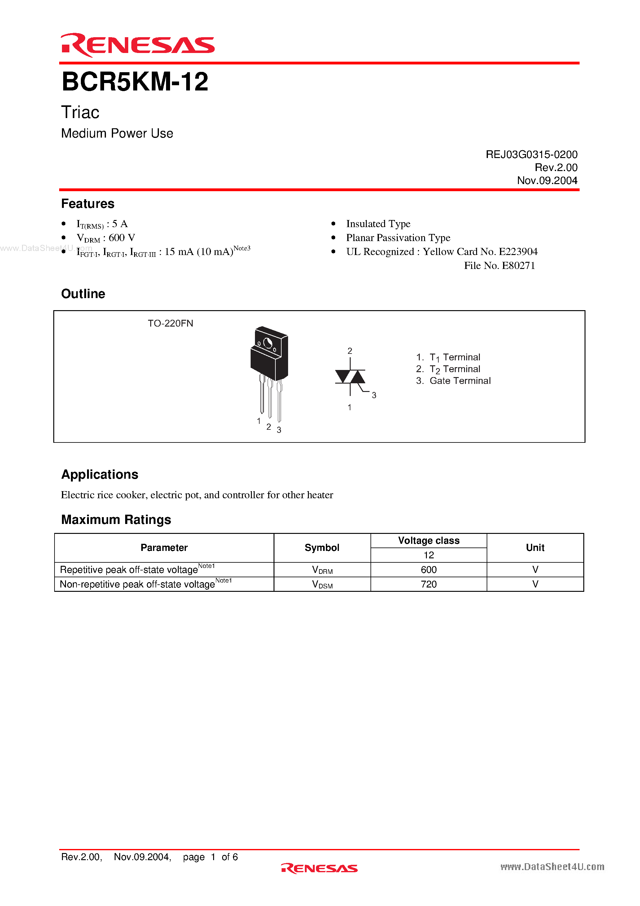 Datasheet BCR5KM-12 - Triac Medium Power Use page 1