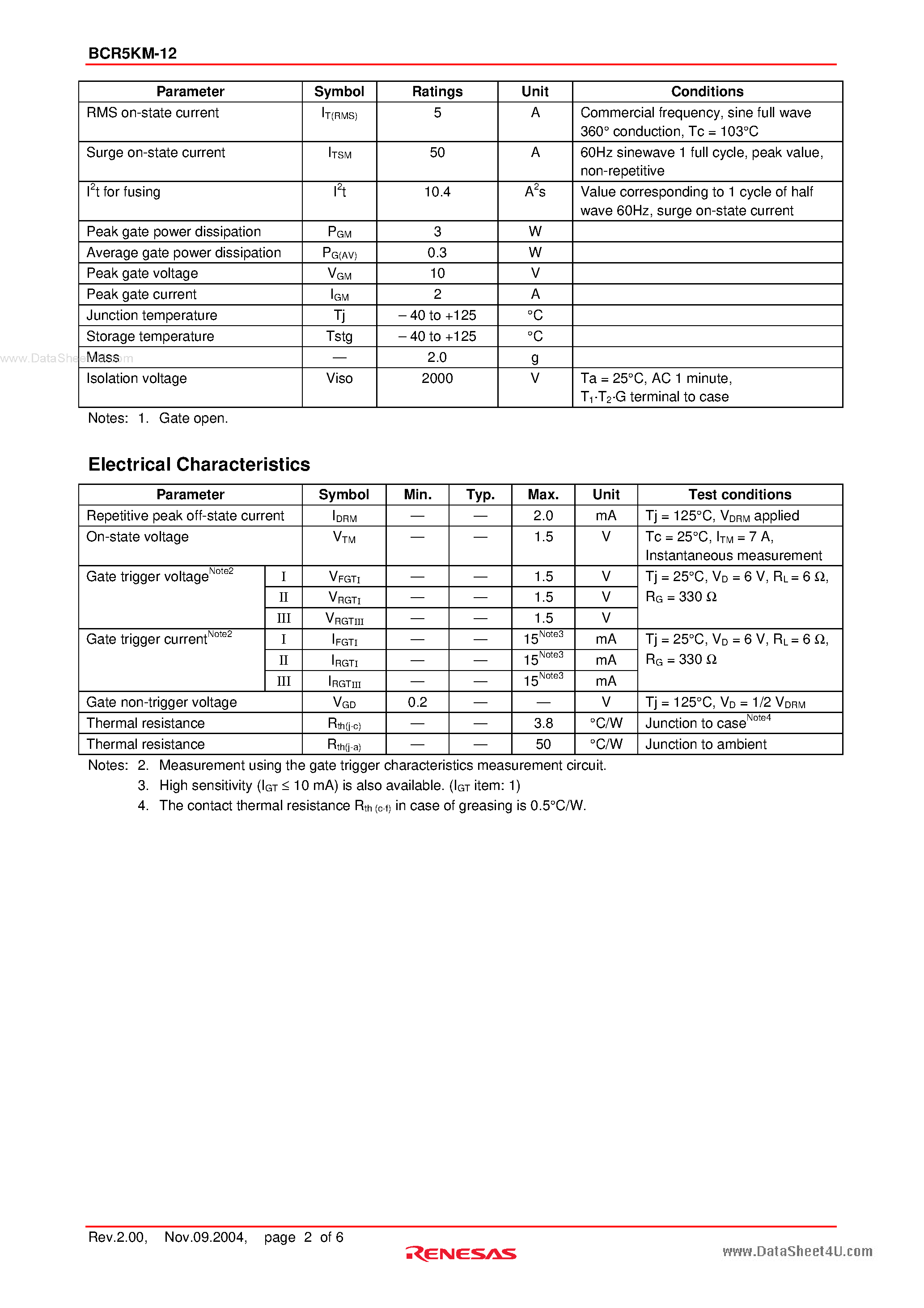 Datasheet BCR5KM-12 - Triac Medium Power Use page 2