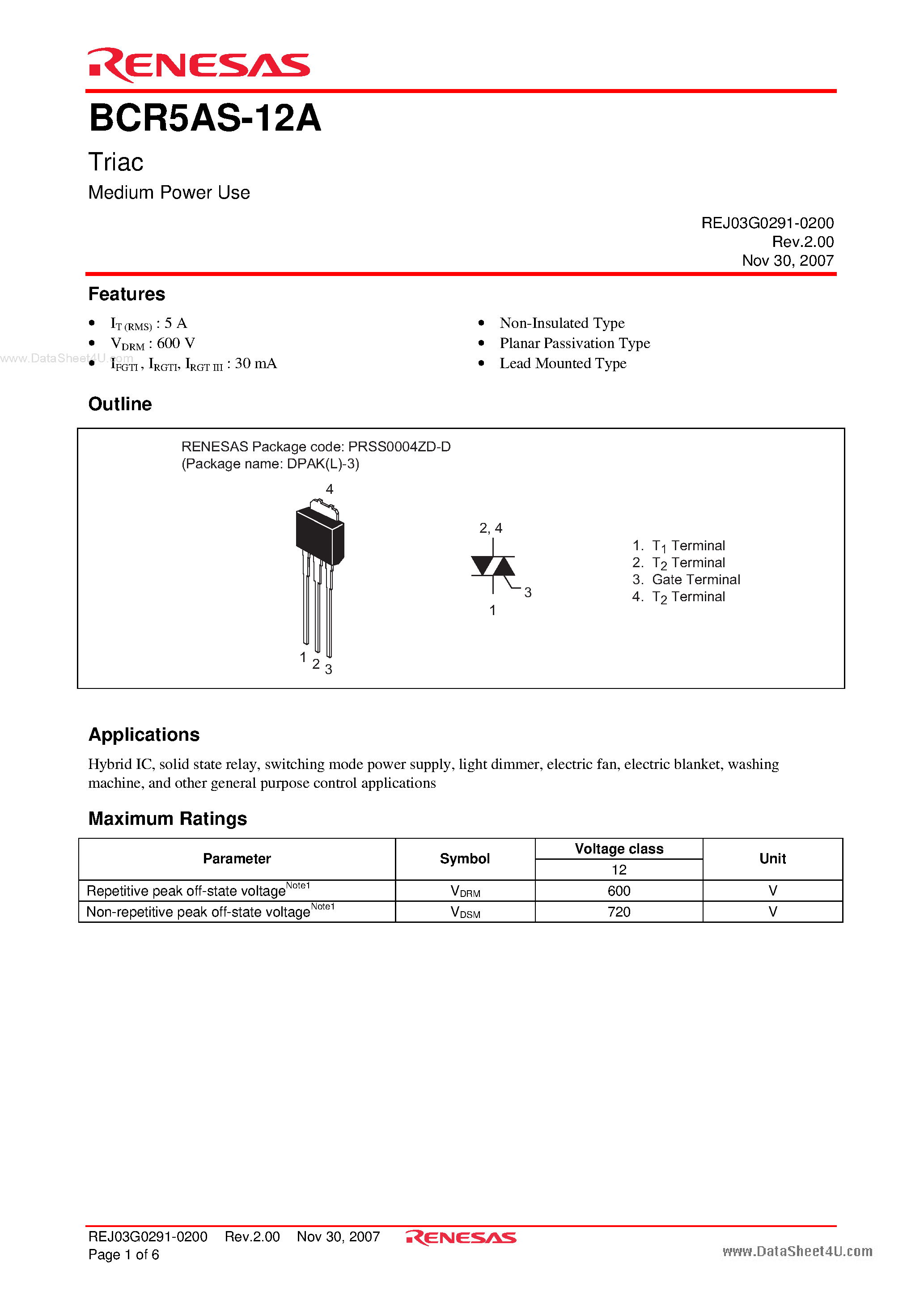 Datasheet BCR5AS-12A - Triac Medium Power Use page 1