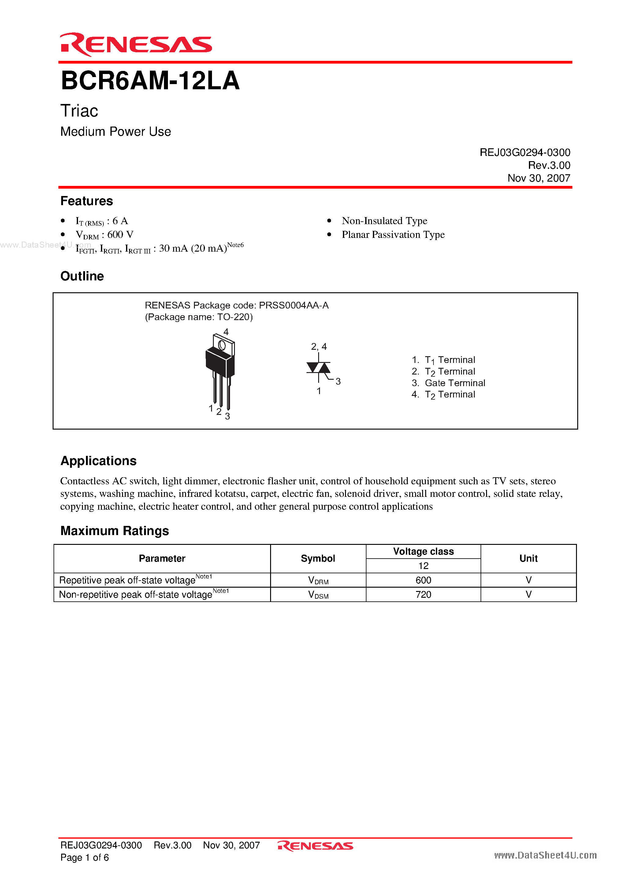 Datasheet BCR6AM-12LA - Triac Medium Power Use page 1