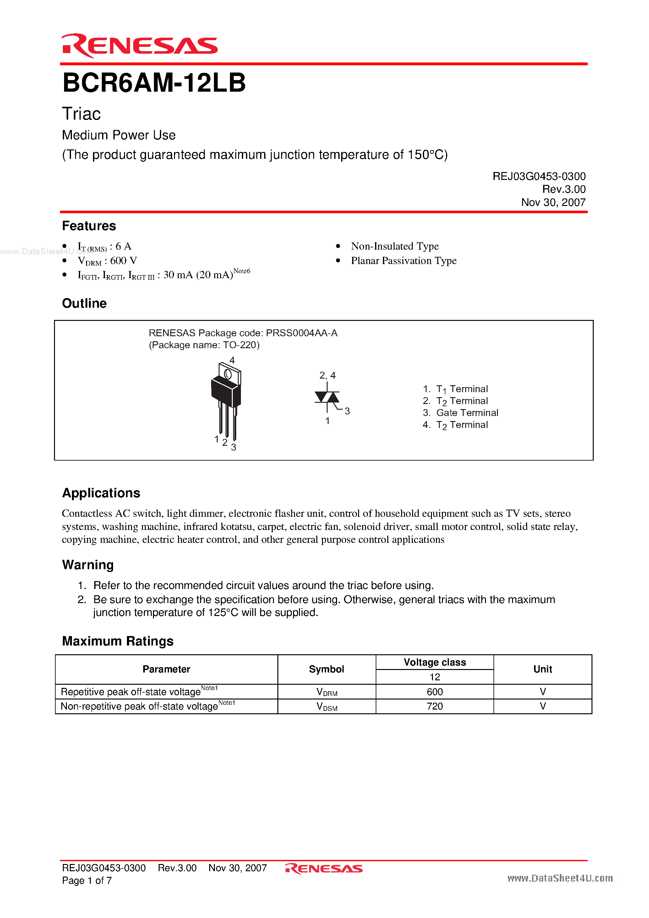 Datasheet BCR6AM-12LB - Triac Medium Power Use page 1