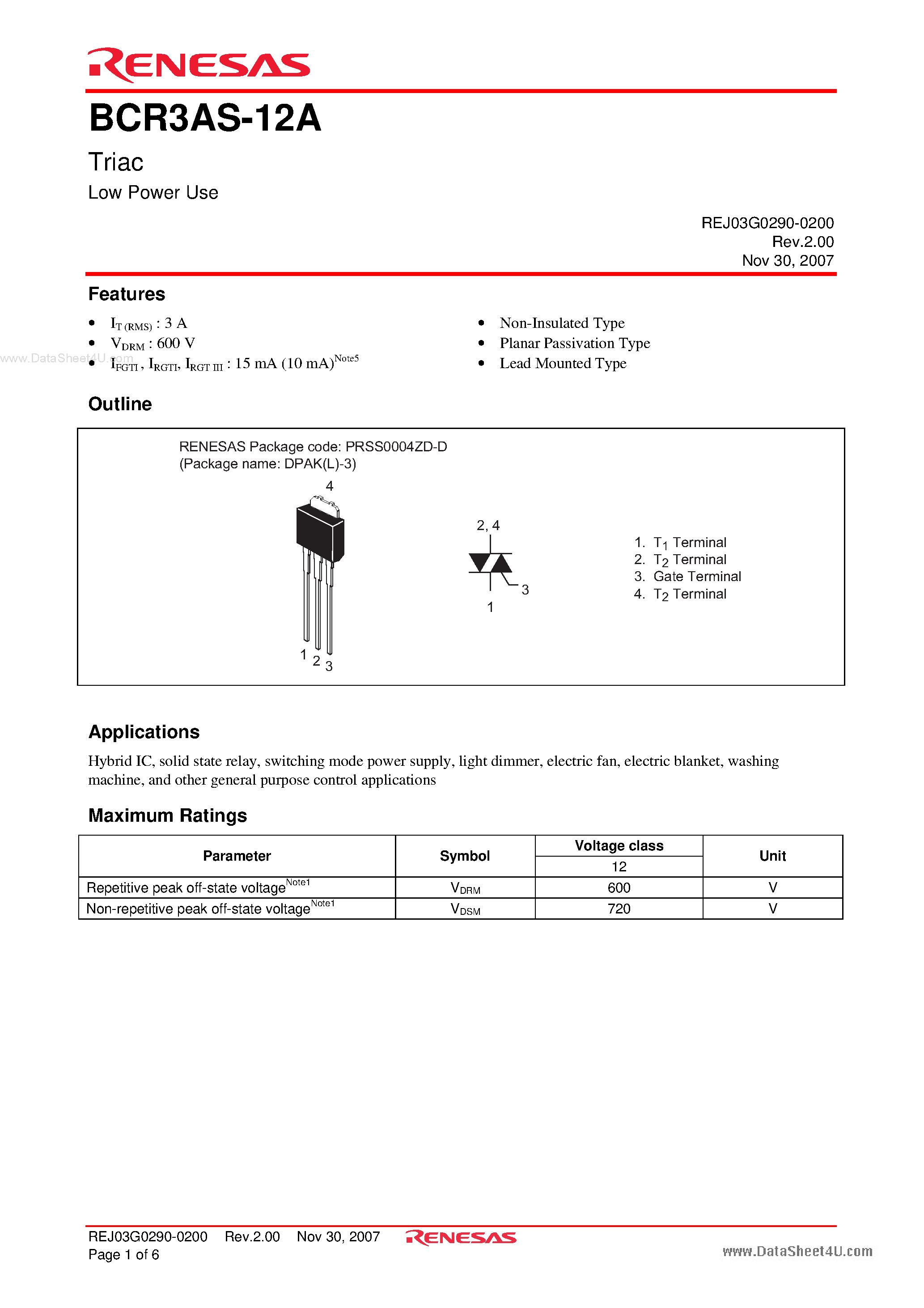 Datasheet BCR3AS-12A - Triac Low Power Use page 1