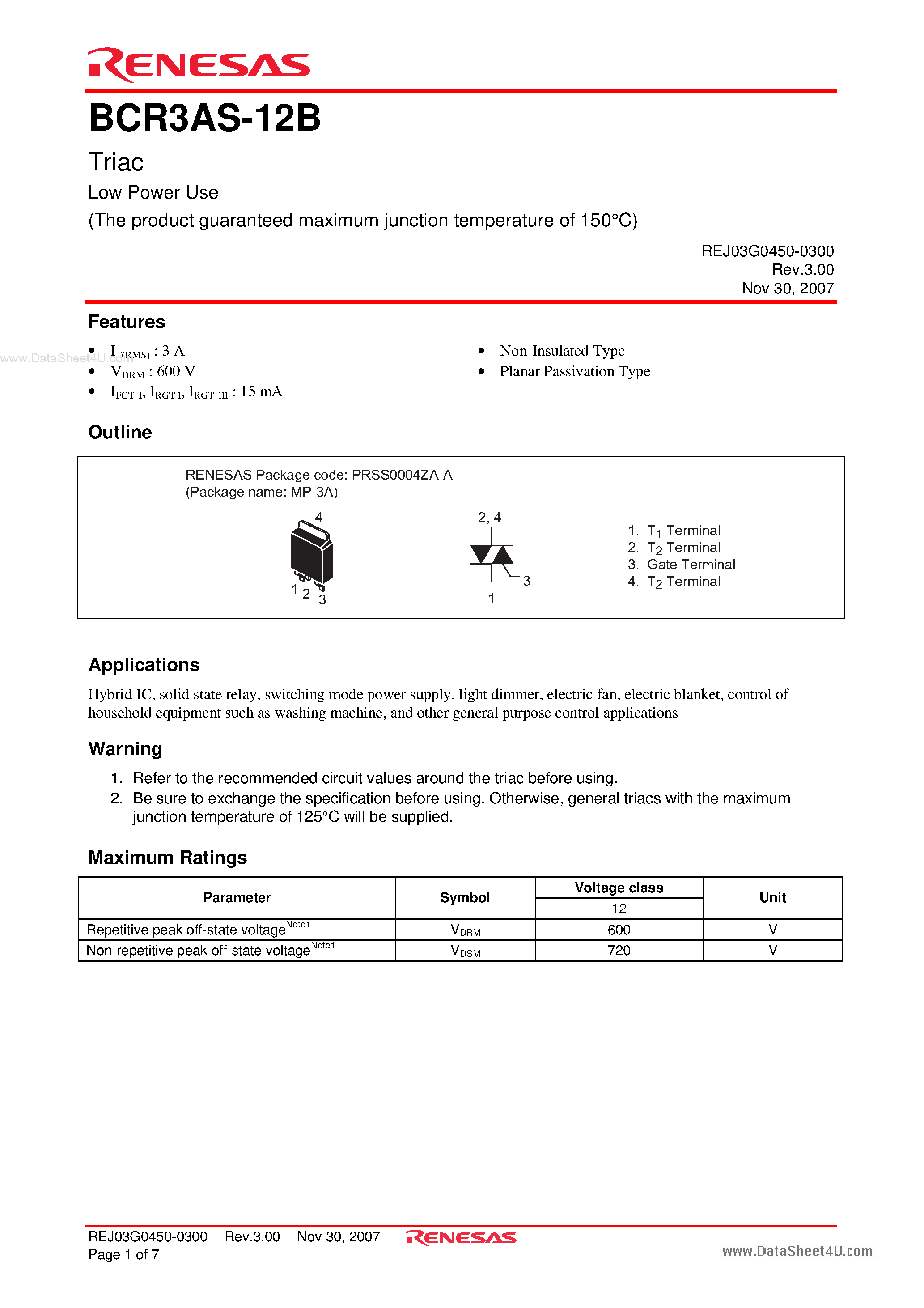 Datasheet BCR3AS-12B - Triac Low Power Use page 1