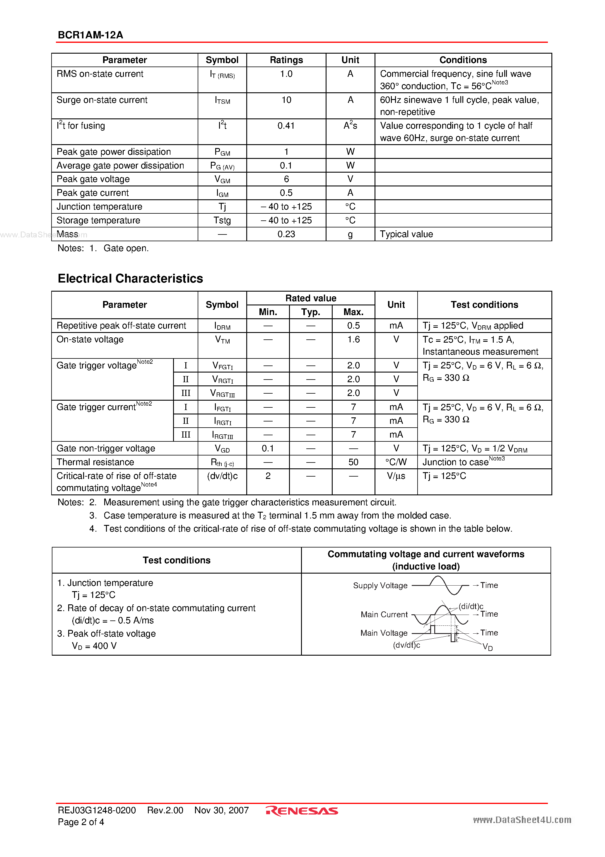 Datasheet BCR1AM-12A - Triac Low Power Use page 2