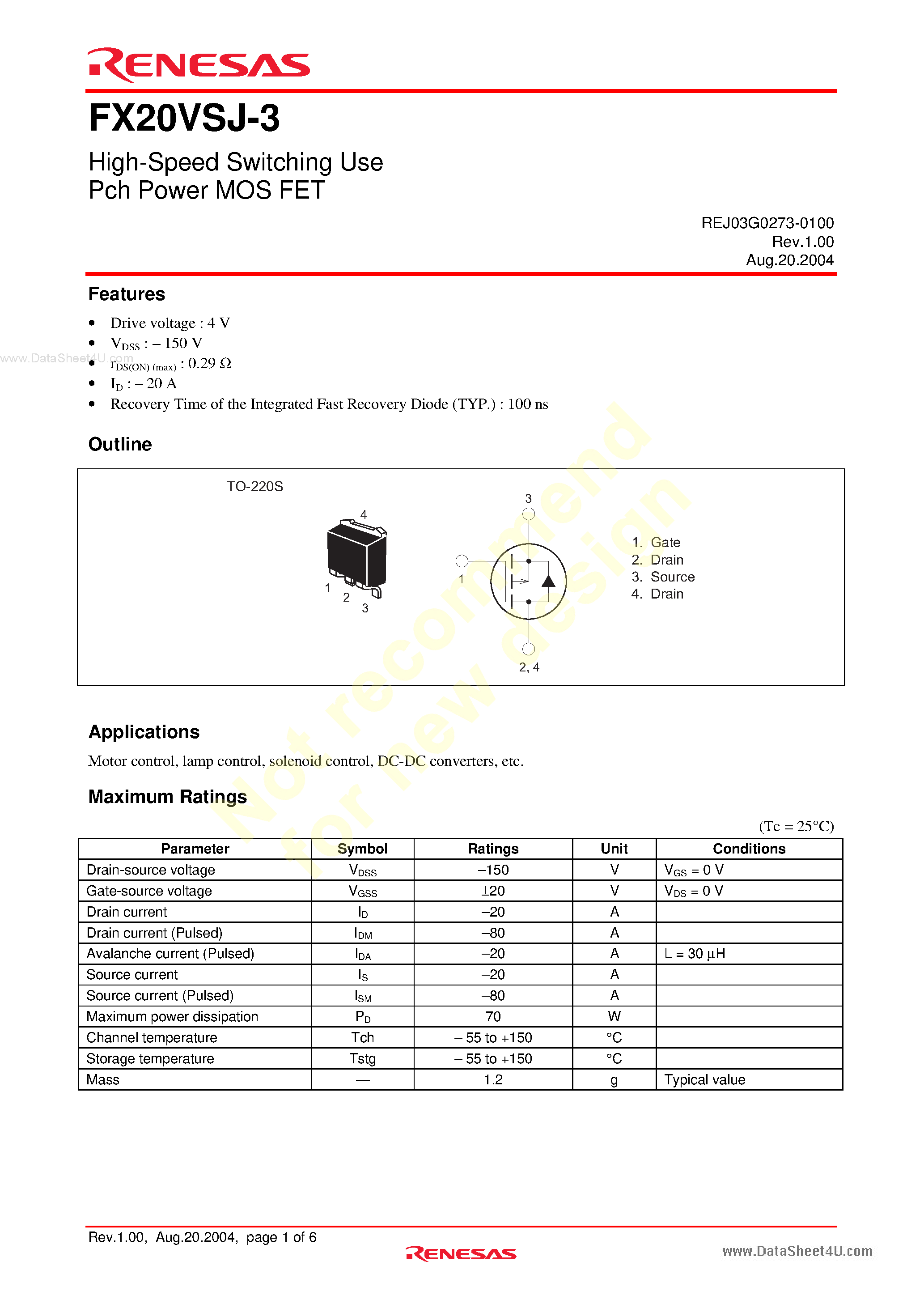 Datasheet FS20VSJ-3 - High-Speed Switching Use Pch Power MOS FET page 1