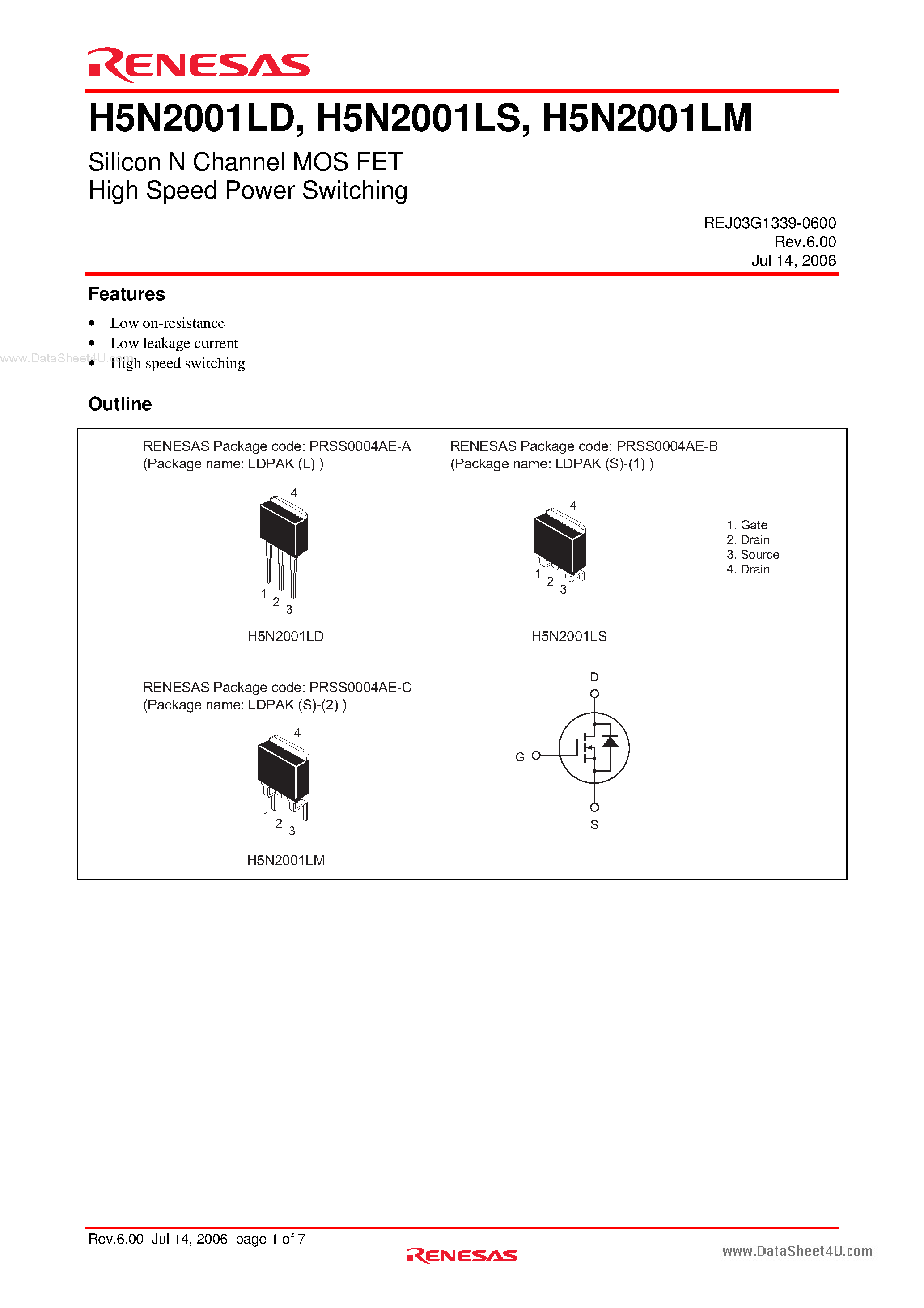 Datasheet H5N2001LD - Silicon N Channel MOS FET High Speed Power Switching page 1