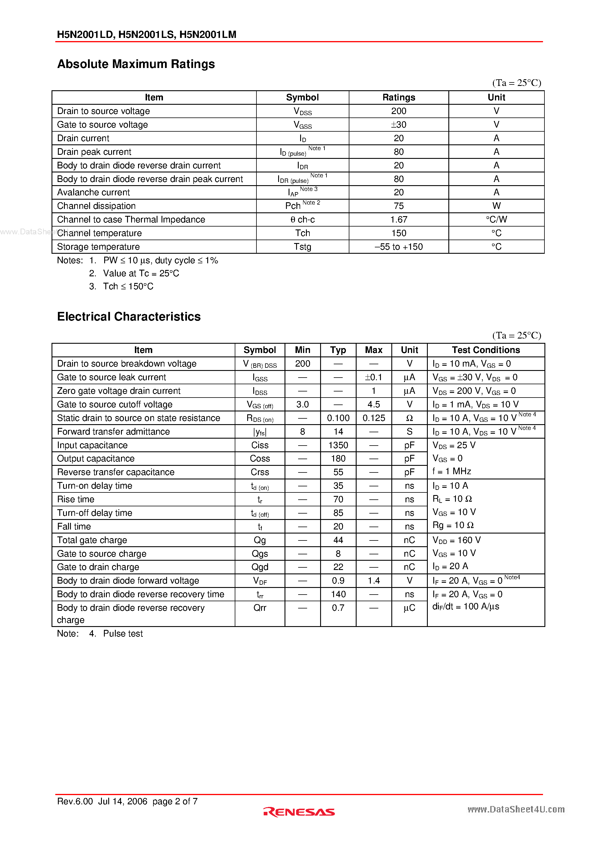 Datasheet H5N2001LD - Silicon N Channel MOS FET High Speed Power Switching page 2
