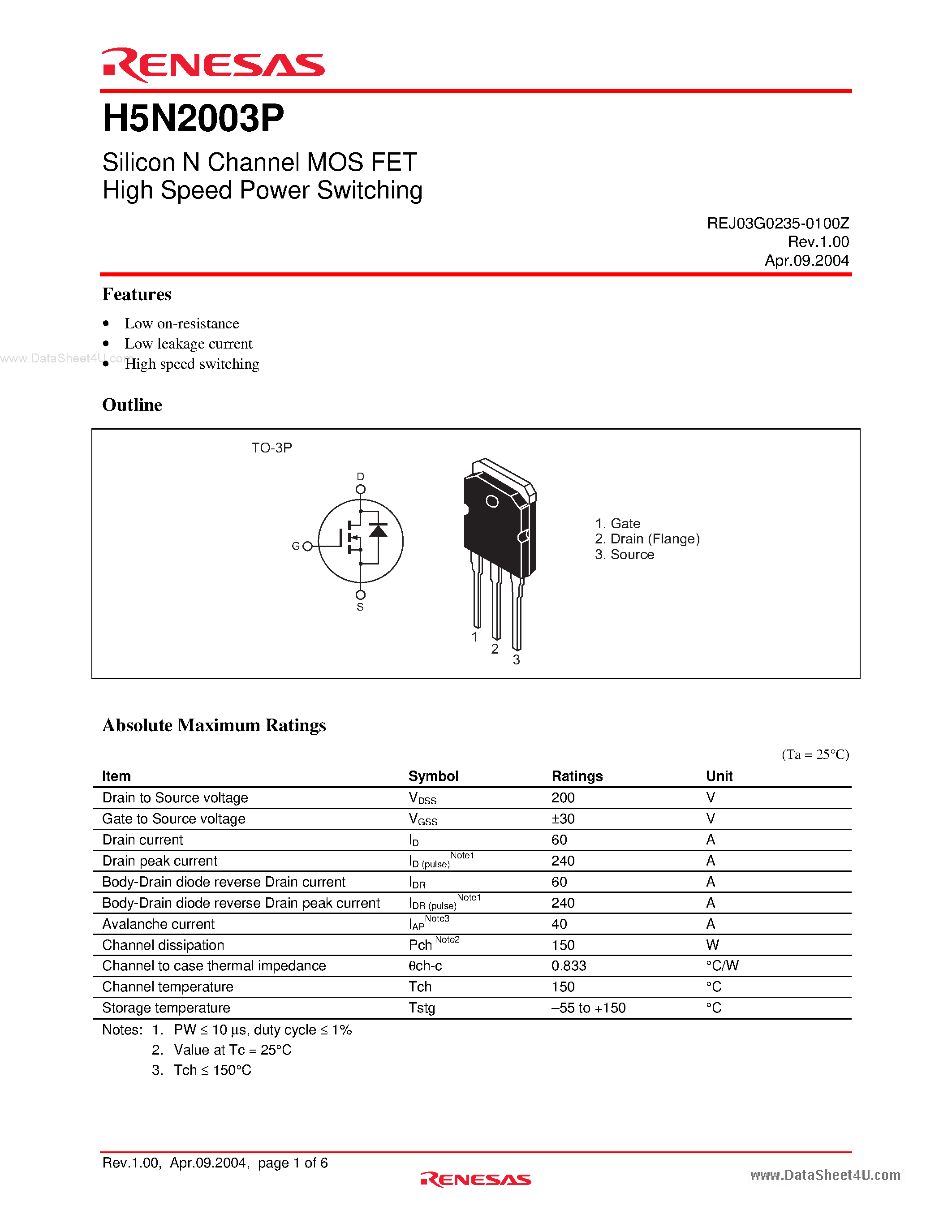 Datasheet H5N2003P - Silicon N Channel MOS FET High Speed Power Switching page 1