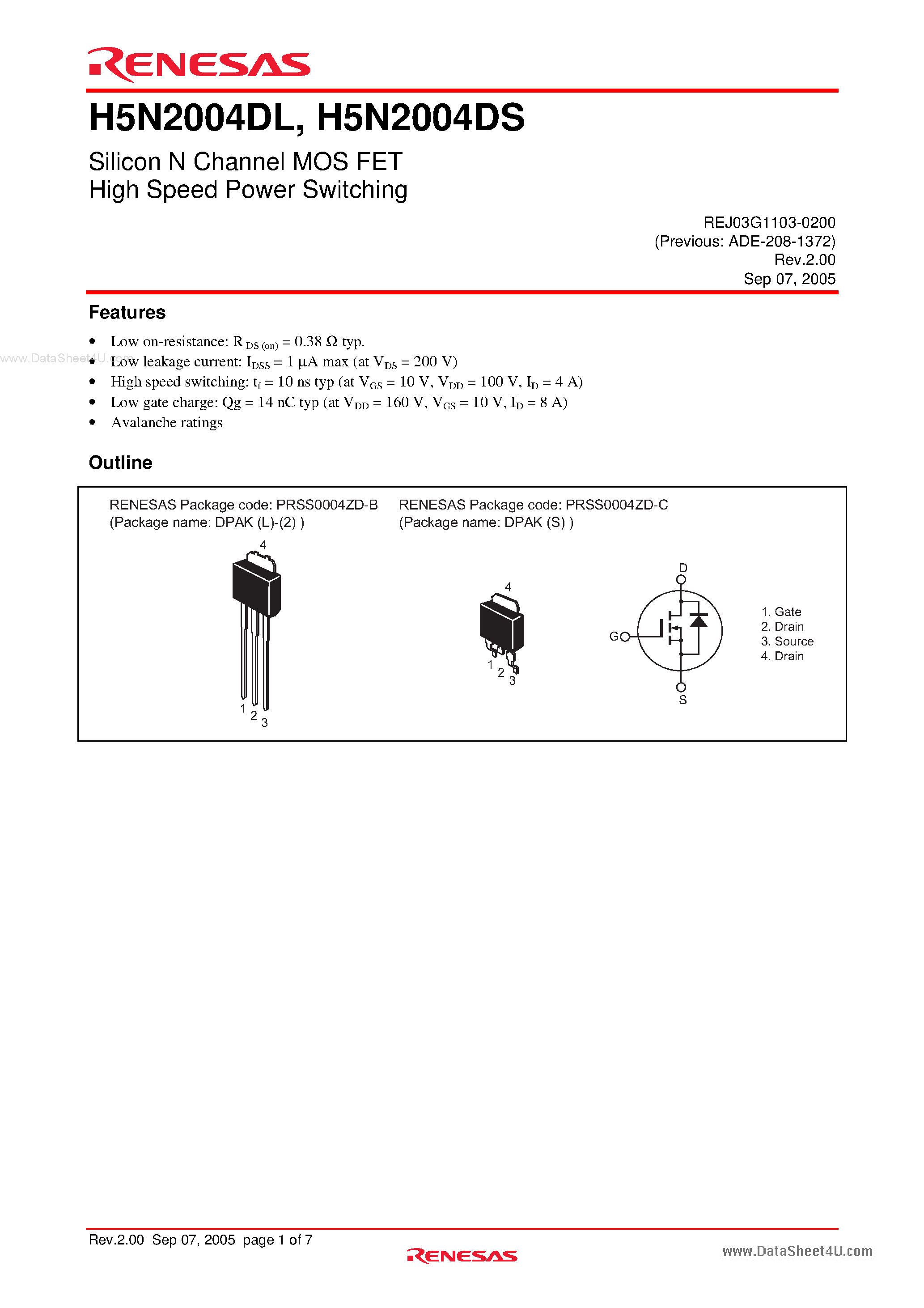 Datasheet H5N2004DL page 1 Datasheet H5N2004DL - Silicon N Channel MOS FET High Speed Power Switching page 1