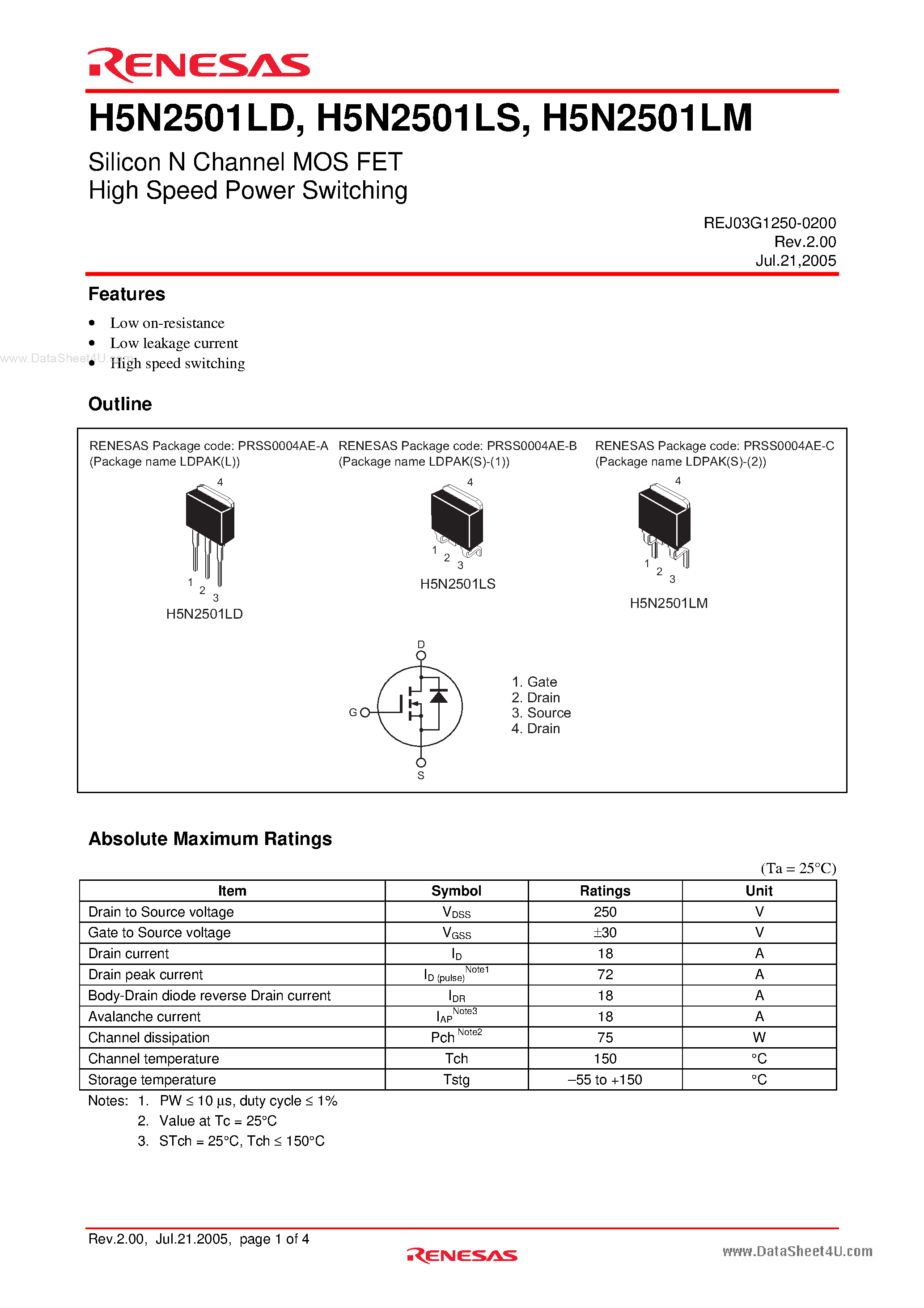 Datasheet H5N2501LD - Silicon N Channel MOS FET High Speed Power Switching page 1