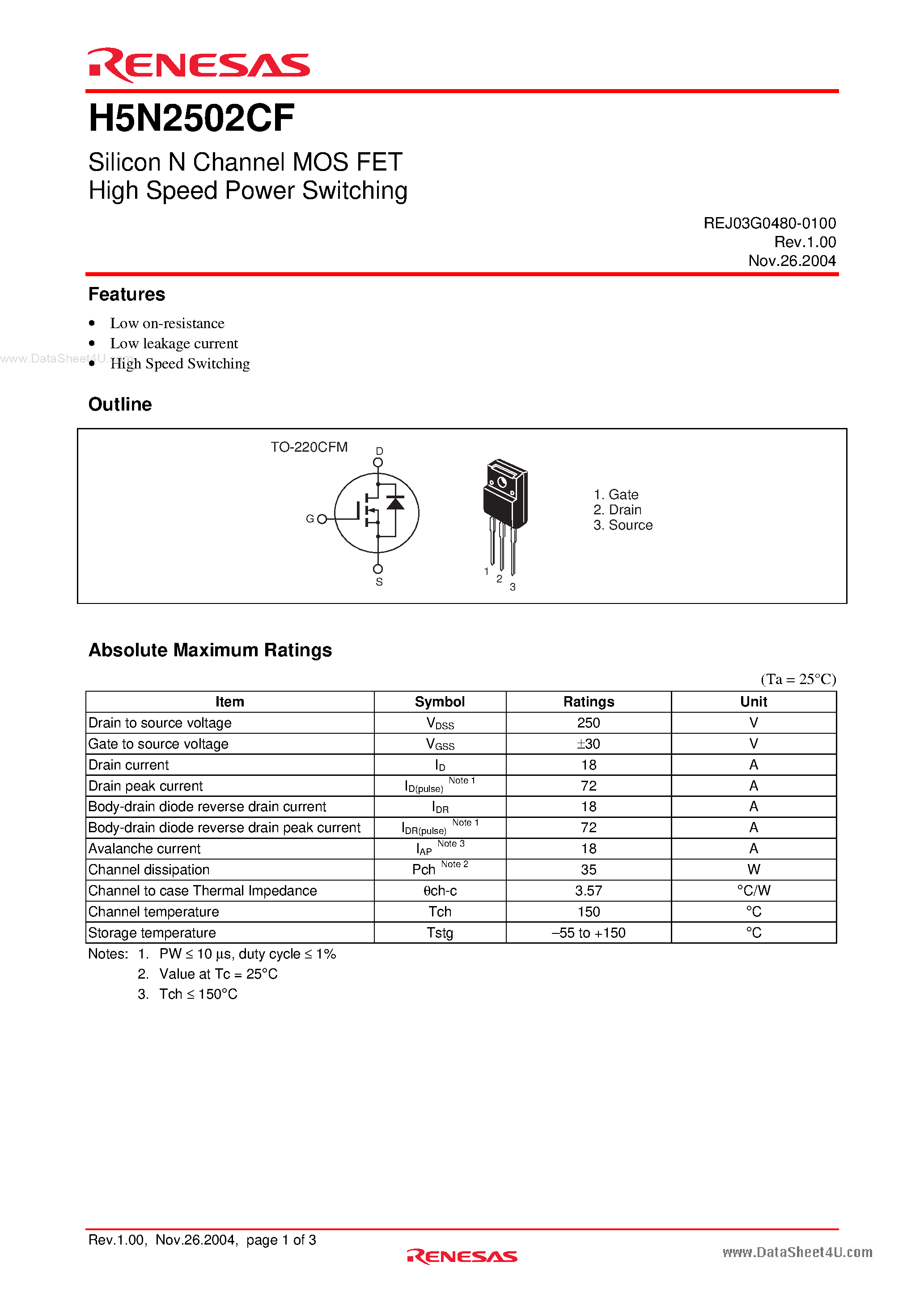 Datasheet H5N2502CF page 1 Datasheet H5N2502CF - Silicon N Channel MOS FET High Speed Power Switching page 1