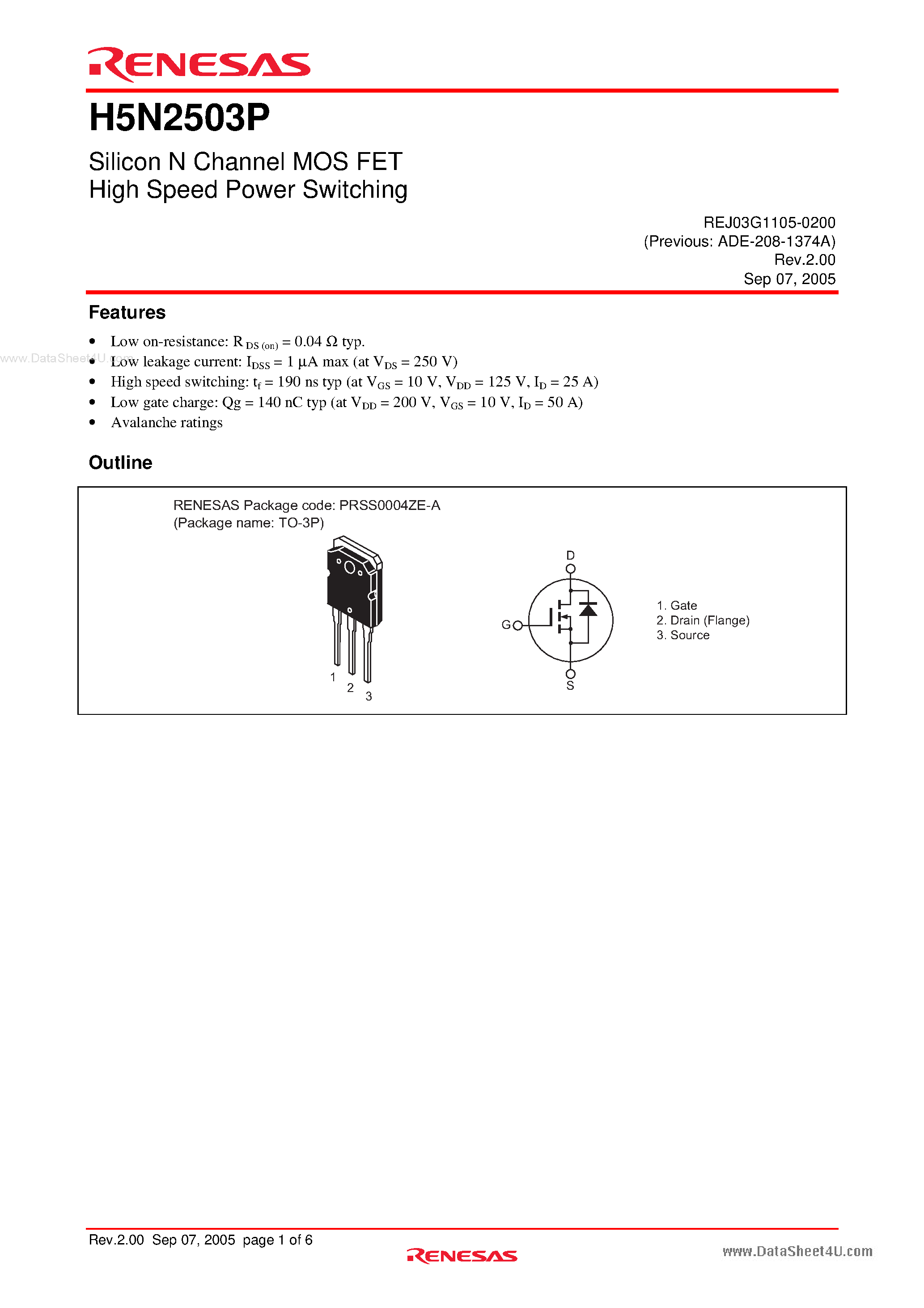 Datasheet H5N2503P - Silicon N Channel MOS FET High Speed Power Switching page 1
