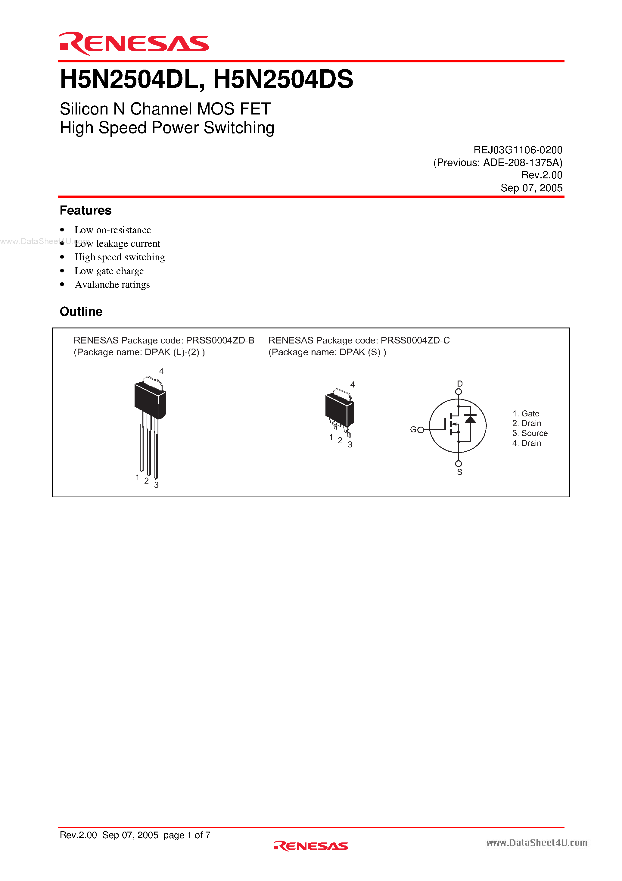 Datasheet H5N2504DL - Silicon N Channel MOS FET High Speed Power Switching page 1