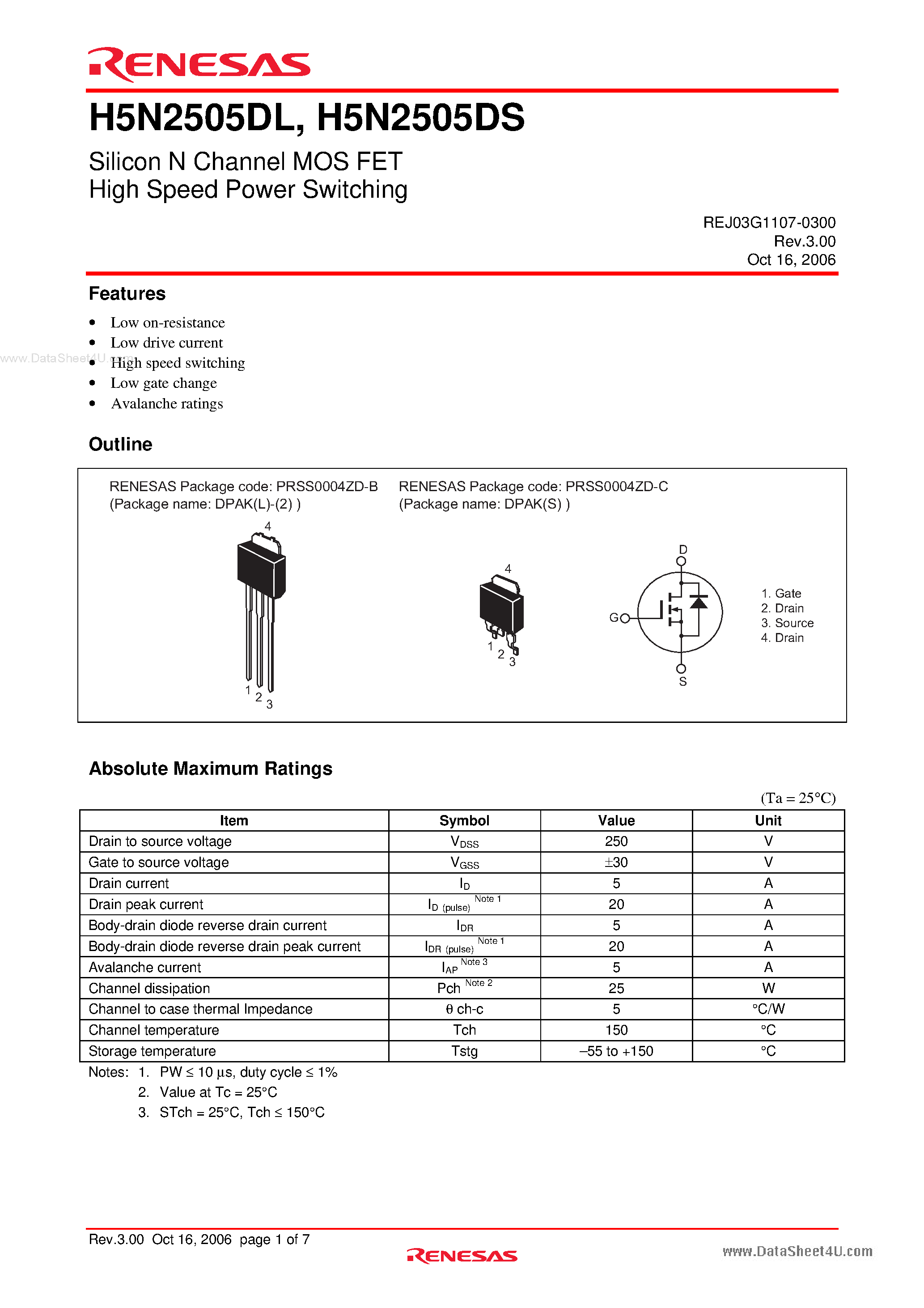 Datasheet H5N2505DL - Silicon N Channel MOS FET High Speed Power Switching page 1