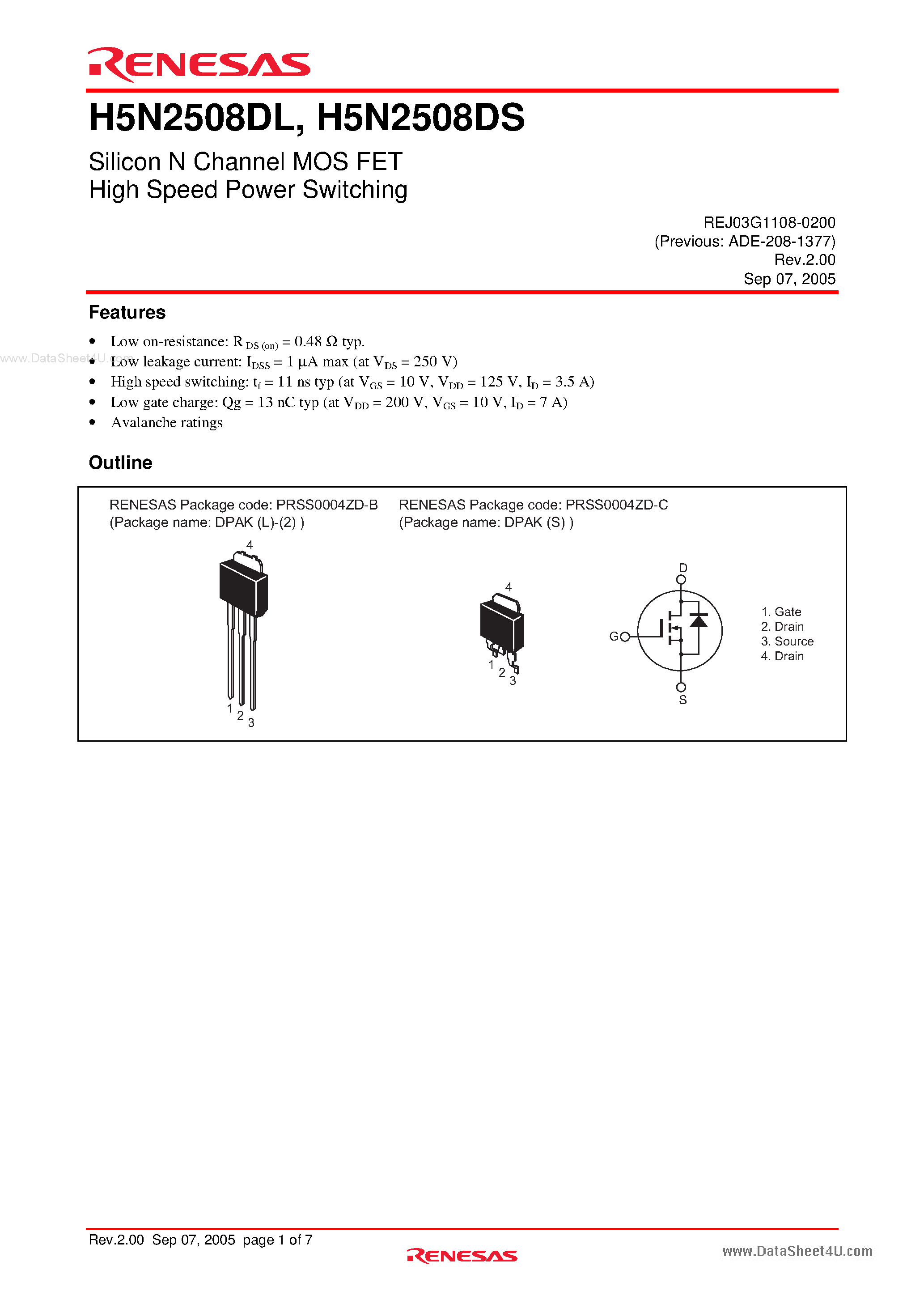 Datasheet H5N2508DL - Silicon N Channel MOS FET High Speed Power Switching page 1