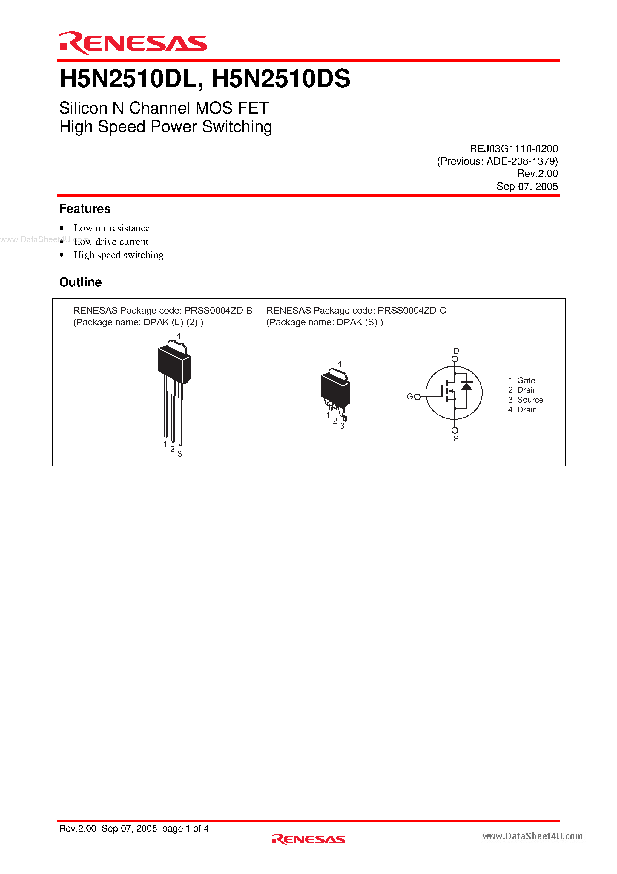Datasheet H5N2510DL page 1 Datasheet H5N2510DL - Silicon N Channel MOS FET High Speed Power Switching page 1