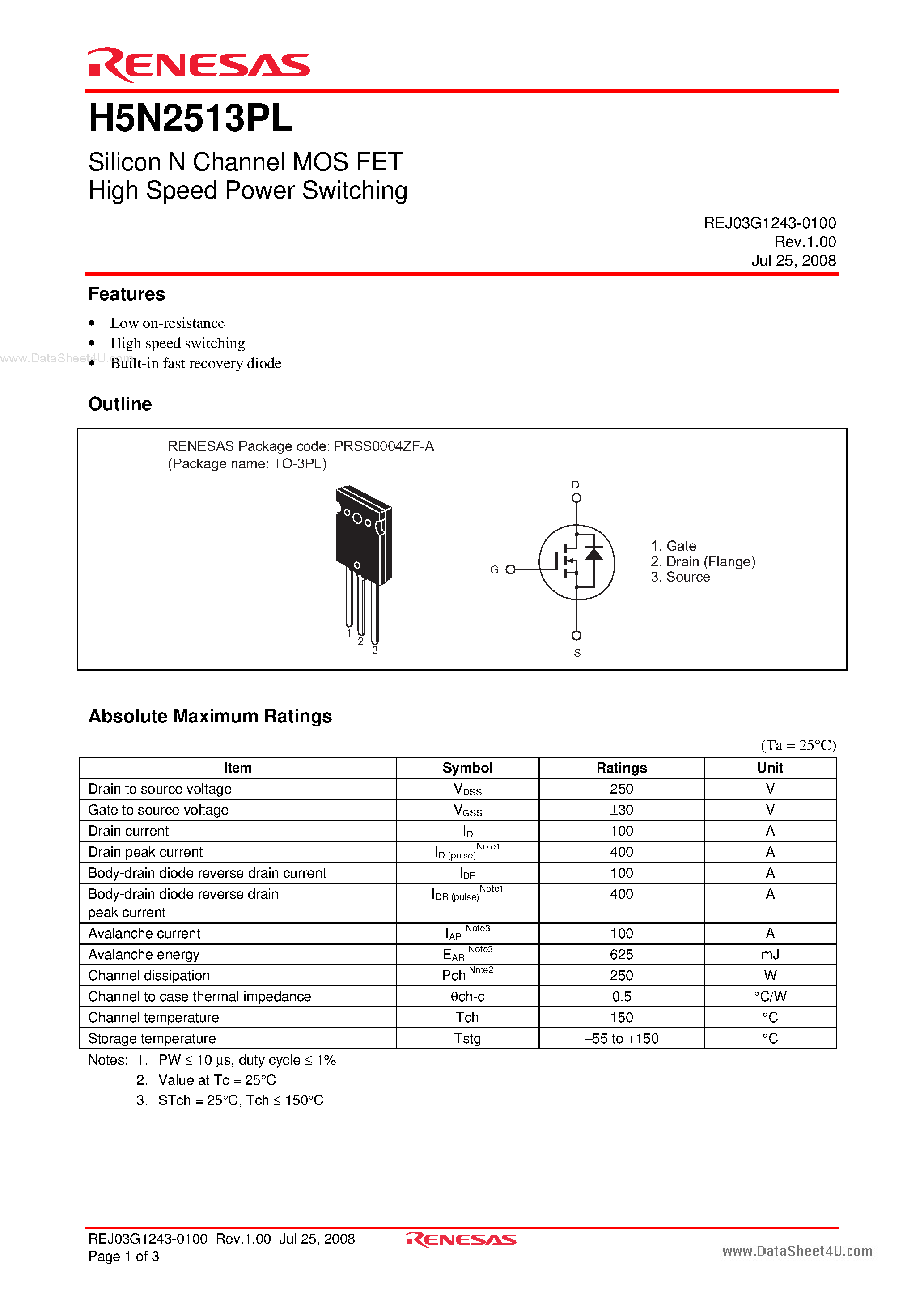 Datasheet H5N2513PL - Silicon N Channel MOS FET High Speed Power Switching page 1