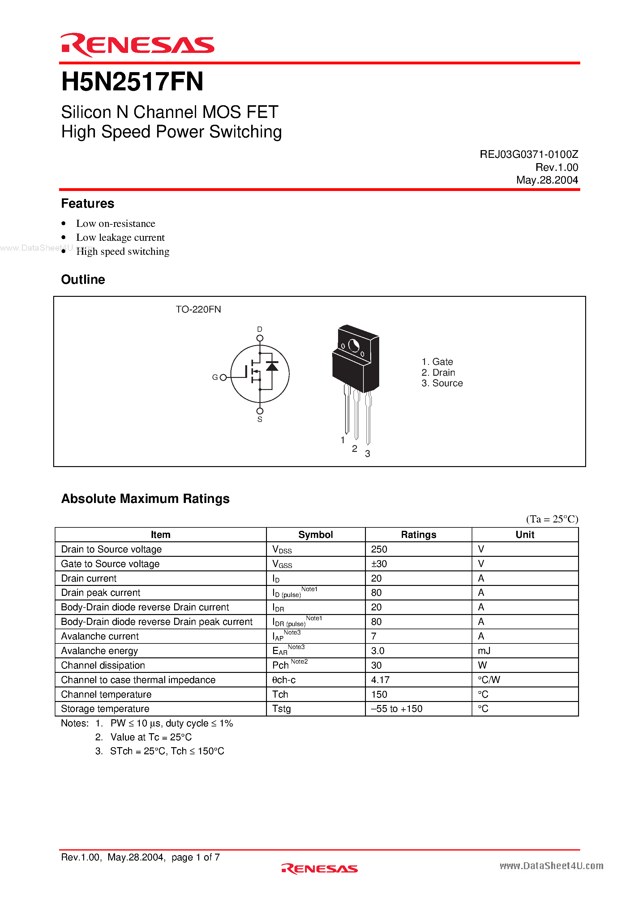 Datasheet H5N2517FN page 1 Datasheet H5N2517FN - Silicon N Channel MOS FET High Speed Power Switching page 1