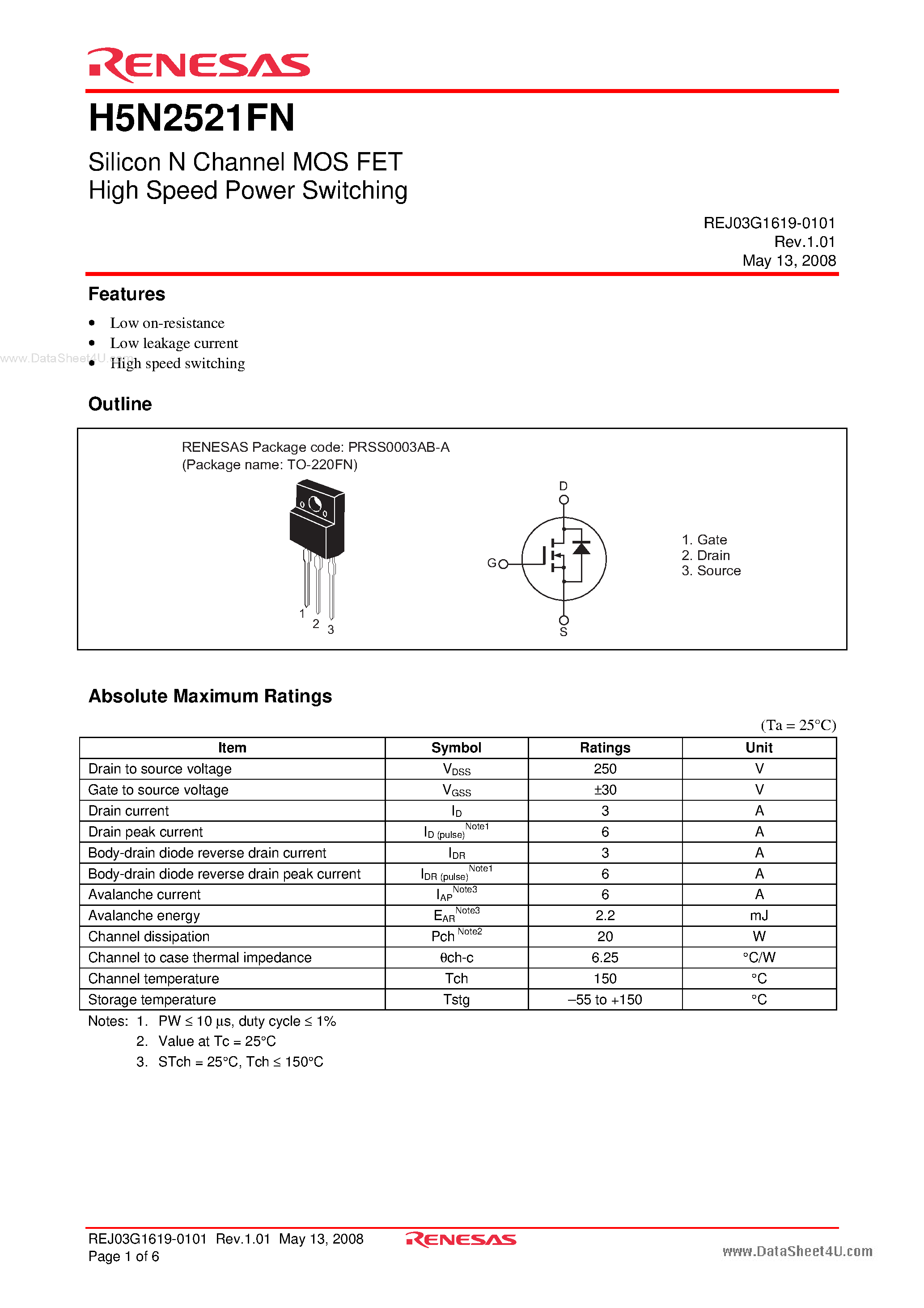 Datasheet H5N2521FN - Silicon N Channel MOS FET High Speed Power Switching page 1