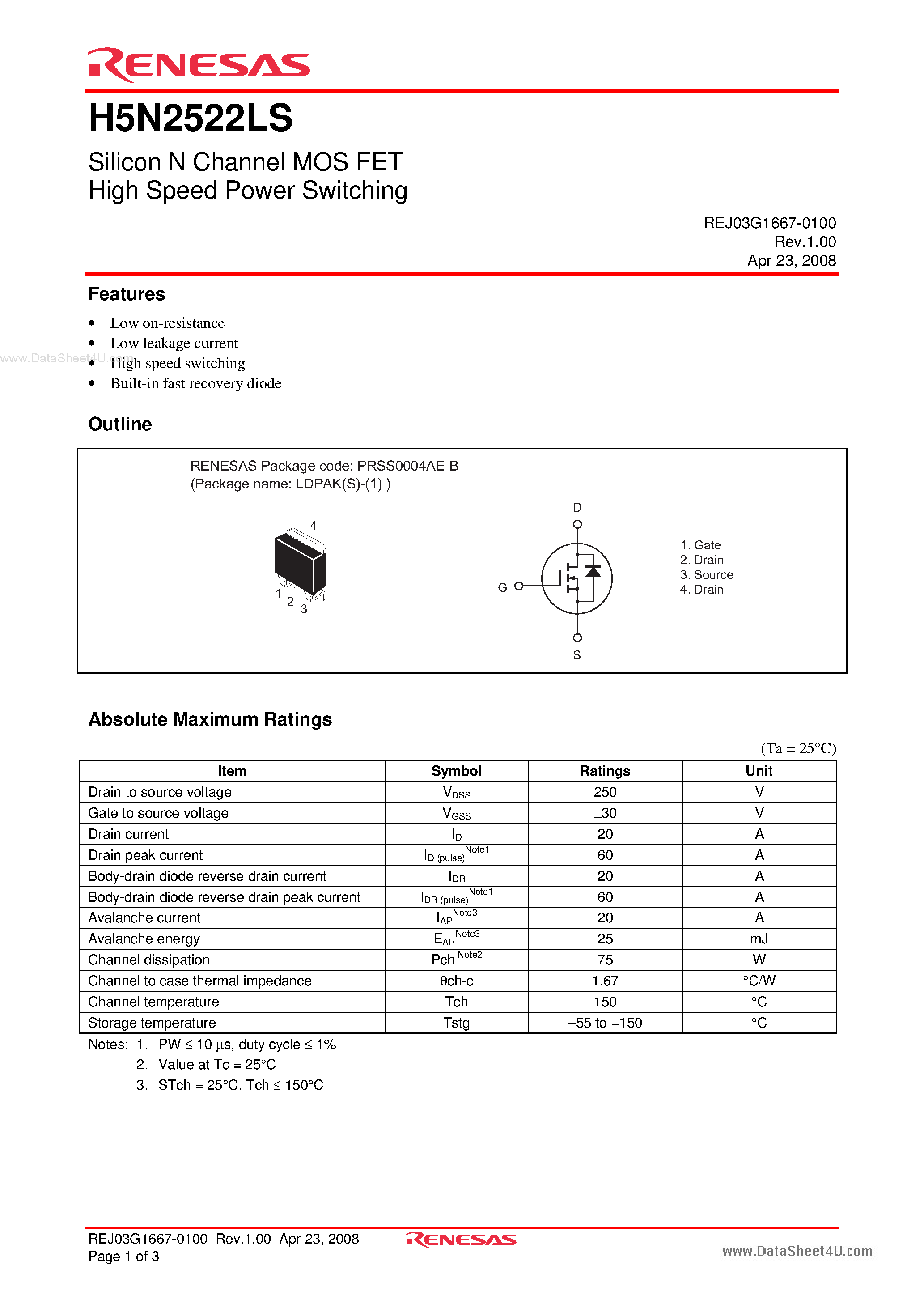 Datasheet H5N2522LS page 1 Datasheet H5N2522LS - Silicon N Channel MOS FET High Speed Power Switching page 1