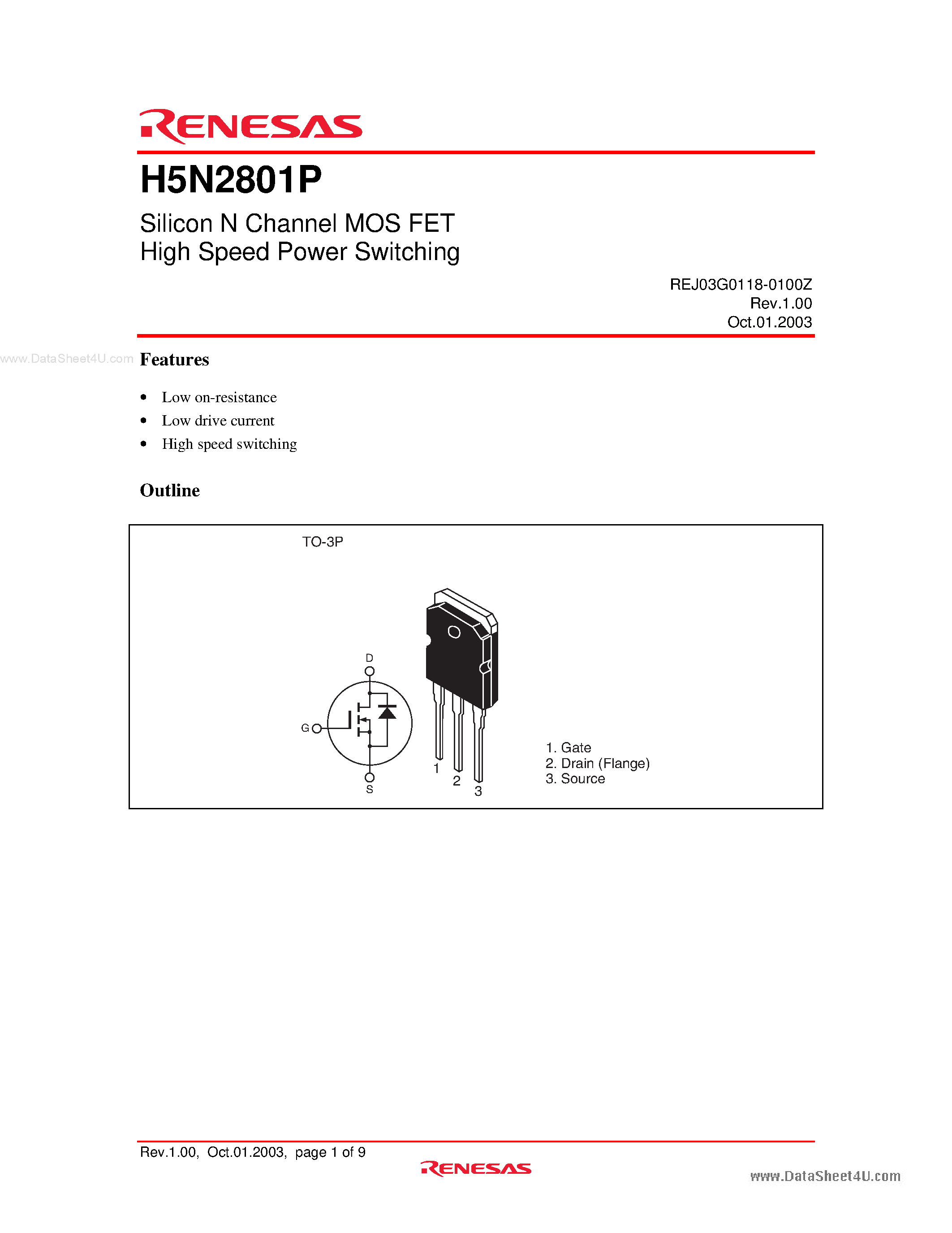 Datasheet H5N2801P - Silicon N Channel MOS FET High Speed Power Switching page 1
