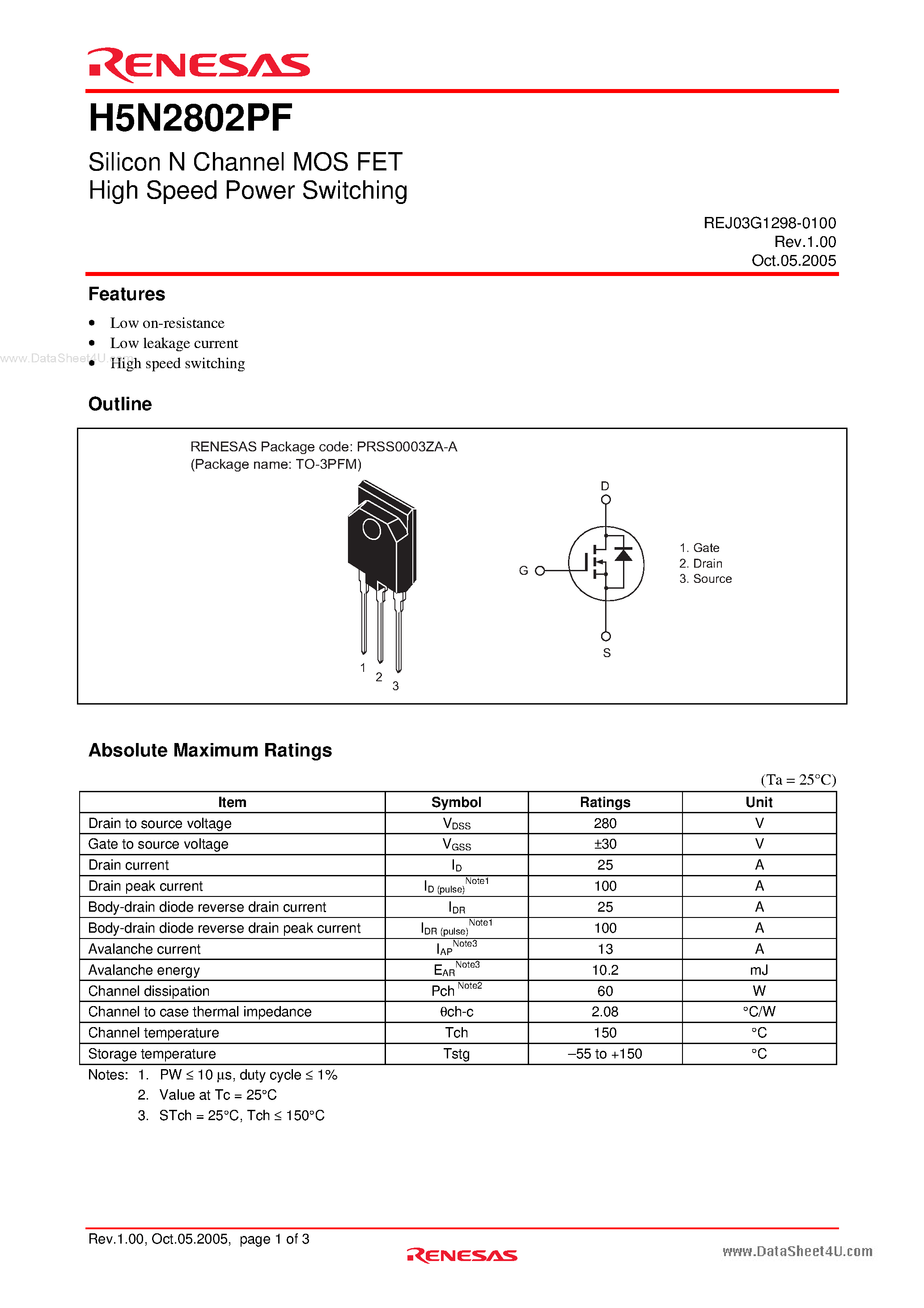 Datasheet H5N2802PF - Silicon N Channel MOS FET High Speed Power Switching page 1